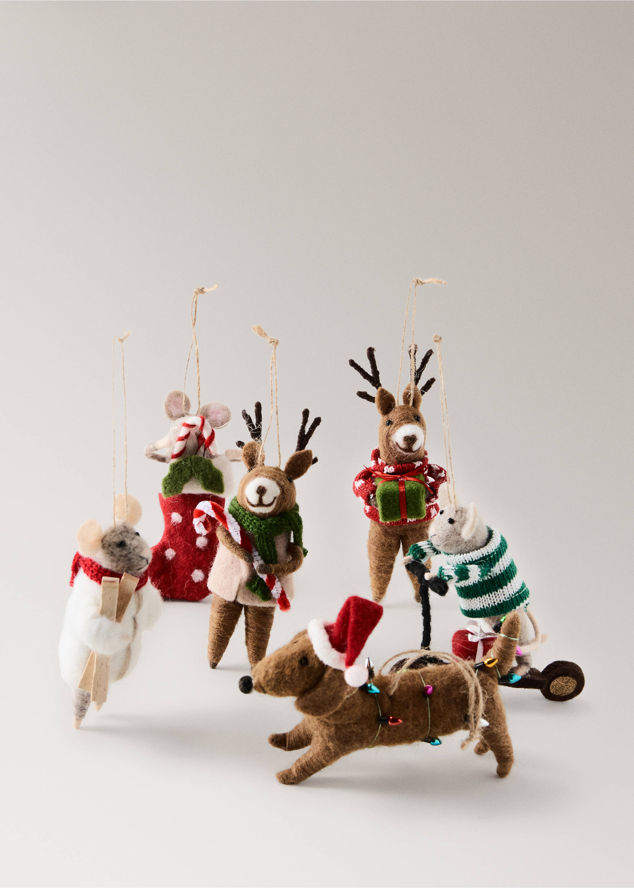 Set of six assorted felt Christmas ornaments including animals in festive clothing and a dog with fairy lights., Red. Ref: 37006795-00.