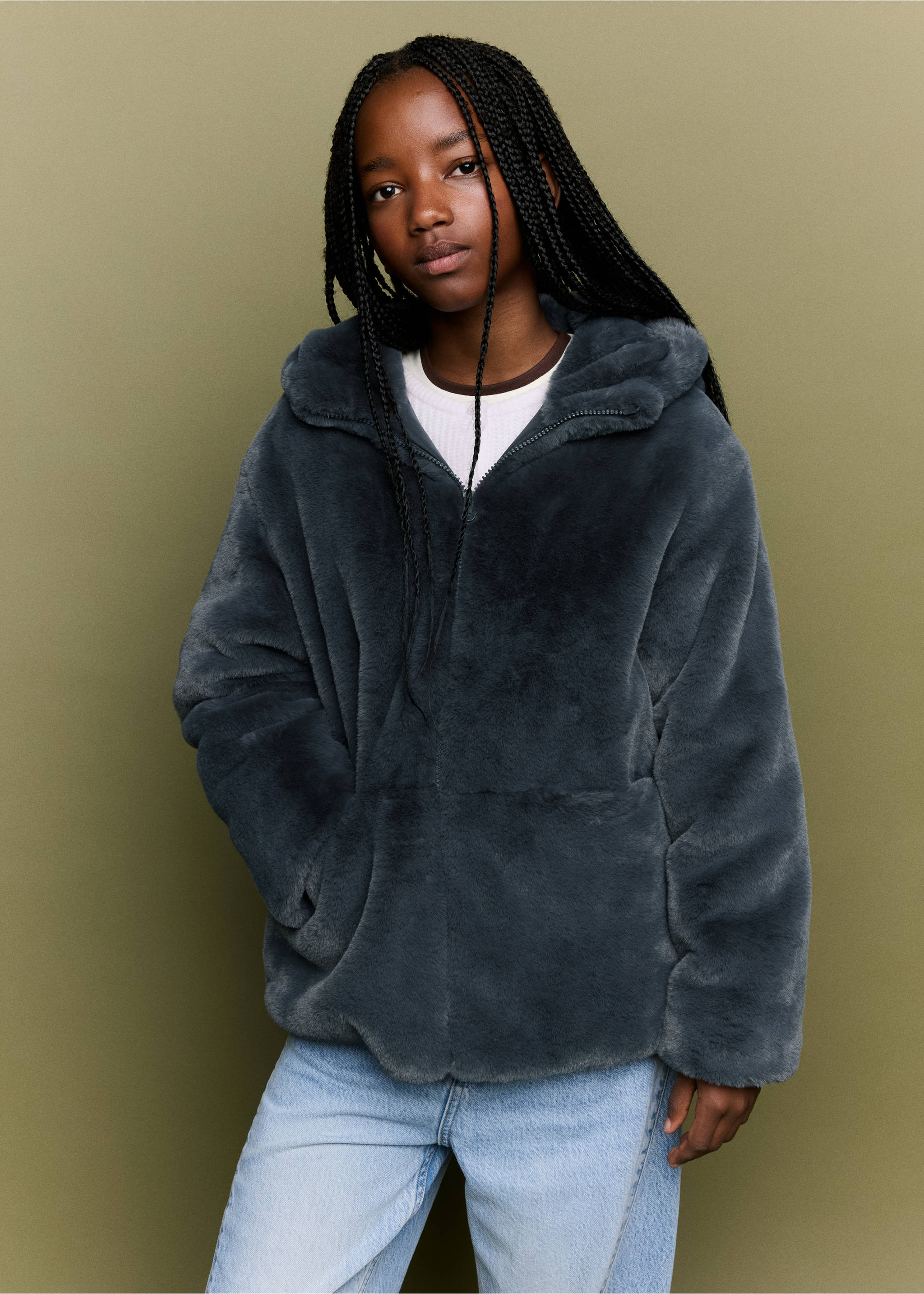 Dark grey faux-fur hooded coat with front zip and pockets., Charcoal. Ref: 37007119-00.