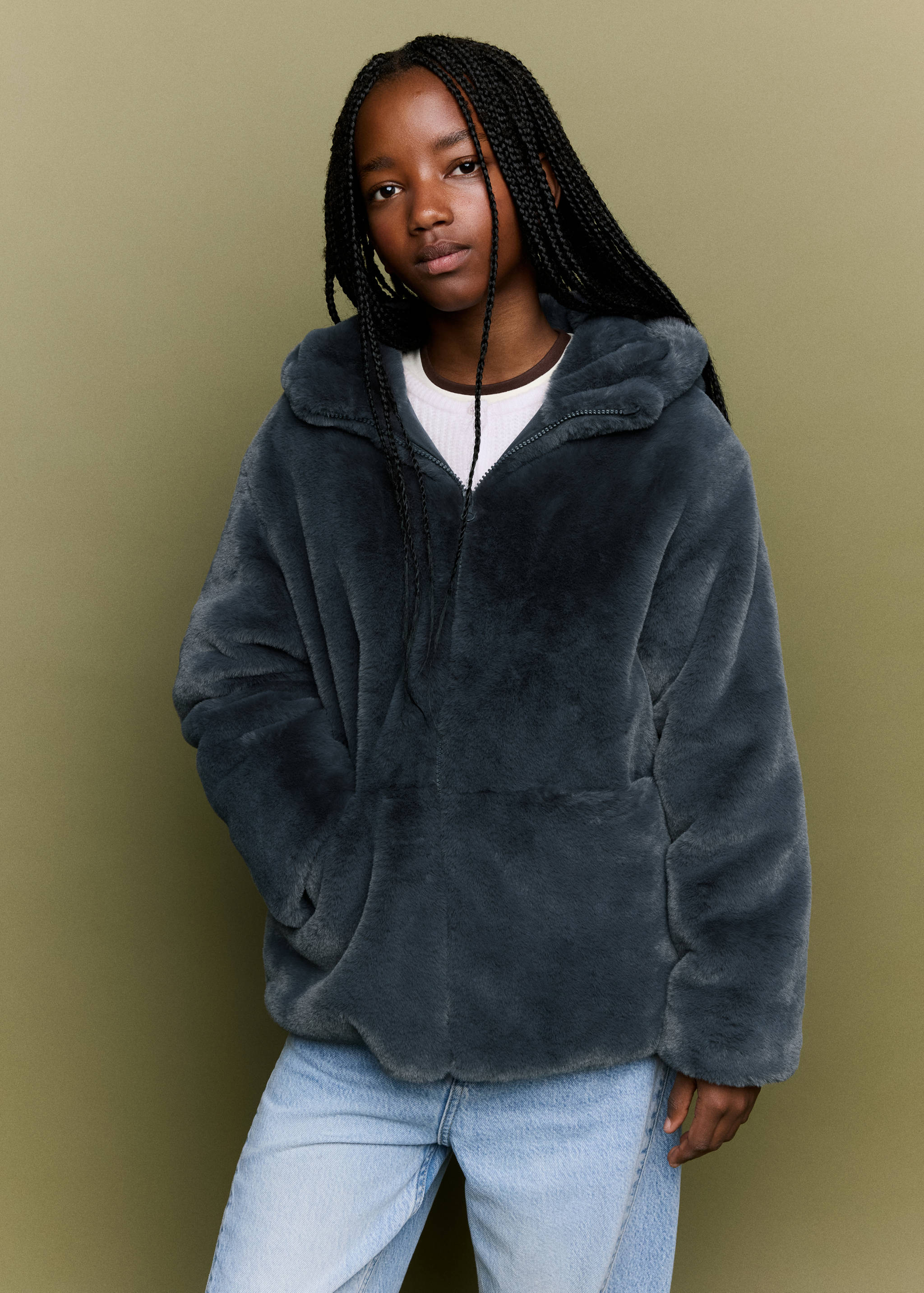 Dark grey faux-fur hooded coat with front zip and pockets.