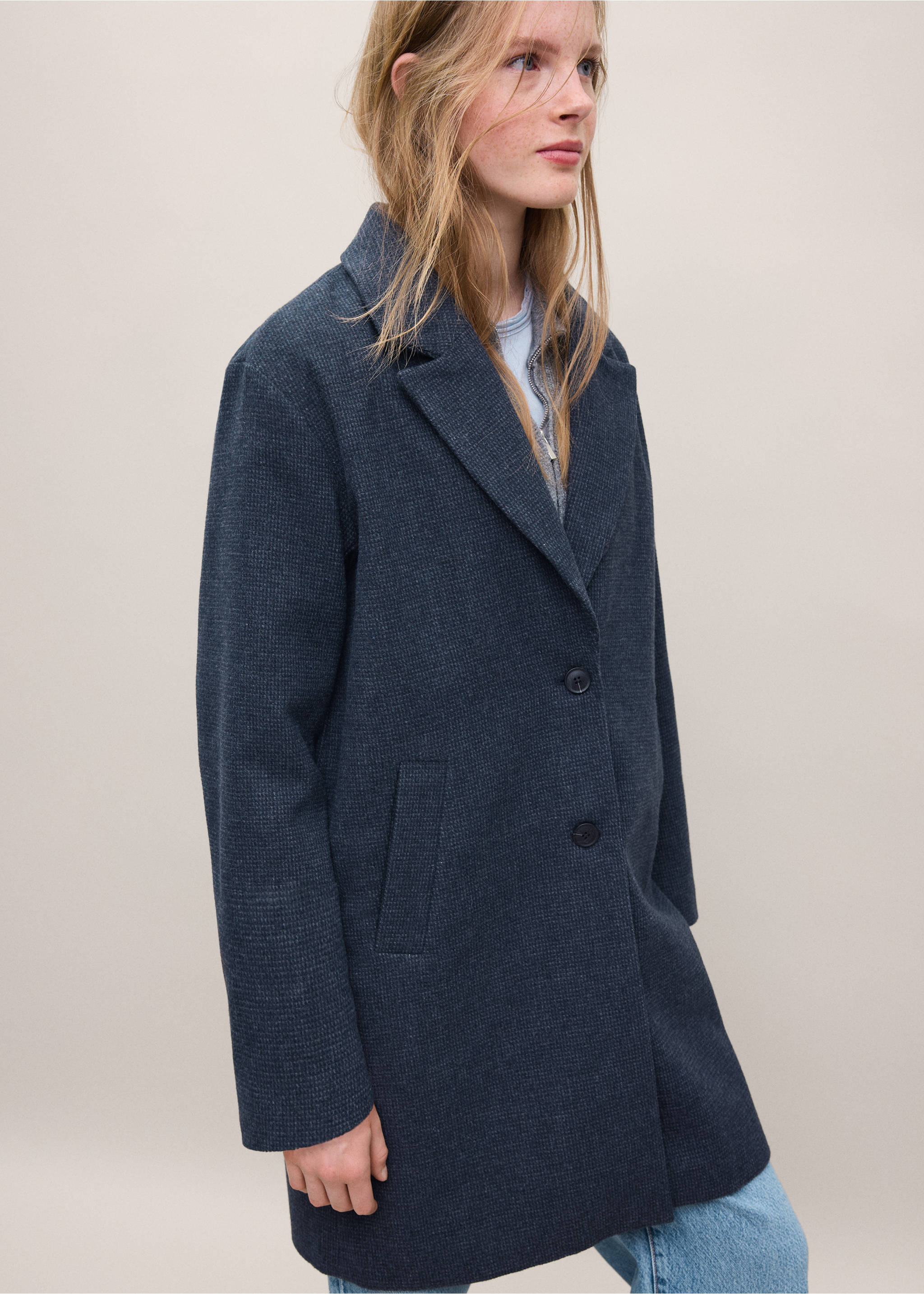 Manteau coupe midi drap de laine - Plan moyen, Bleu marine foncé. Ref: 37007120-00.