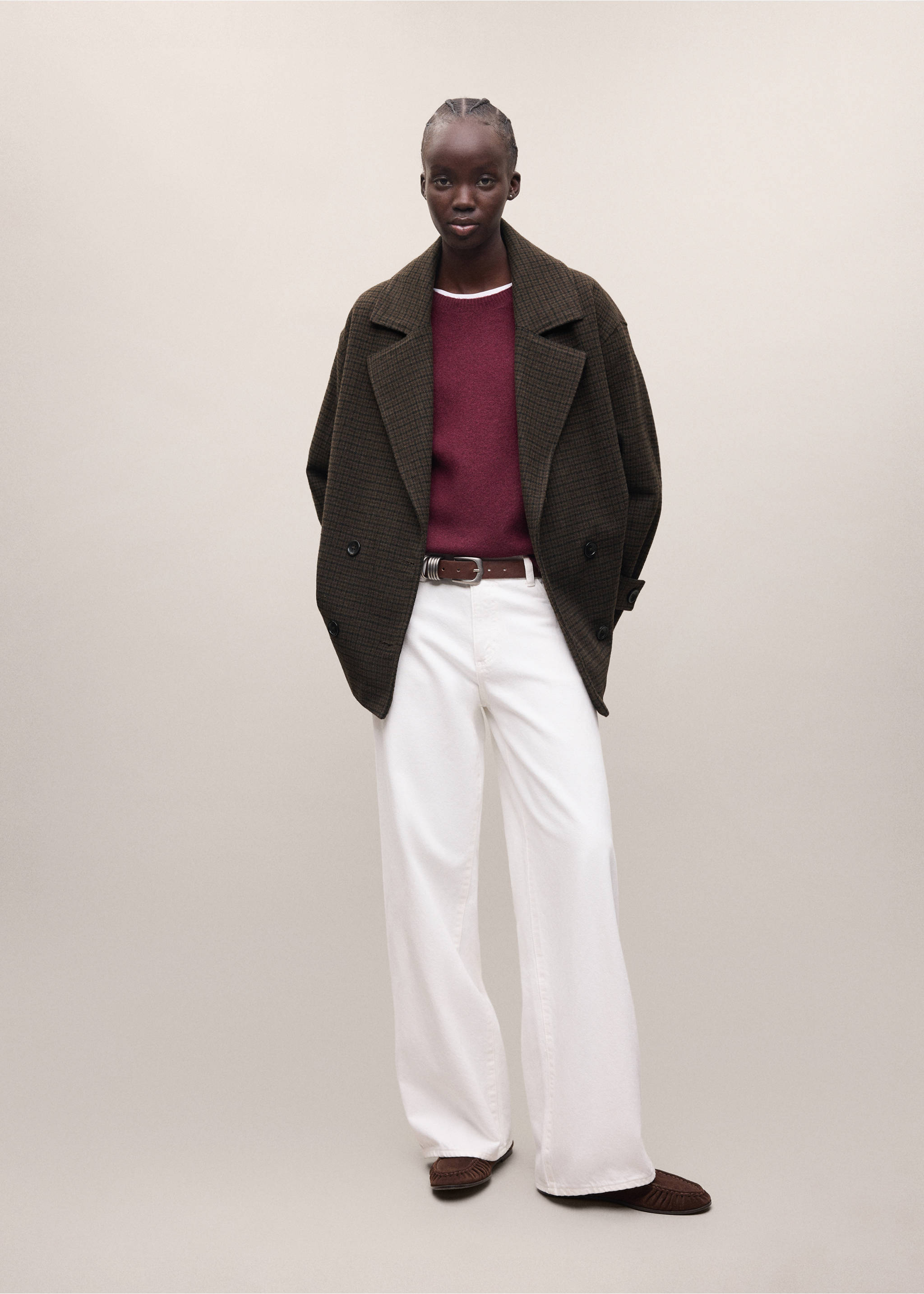 Dark olive-green patterned coat with notched lapels and double-breasted button fastening., Chocolate. Ref: 37007121-01.