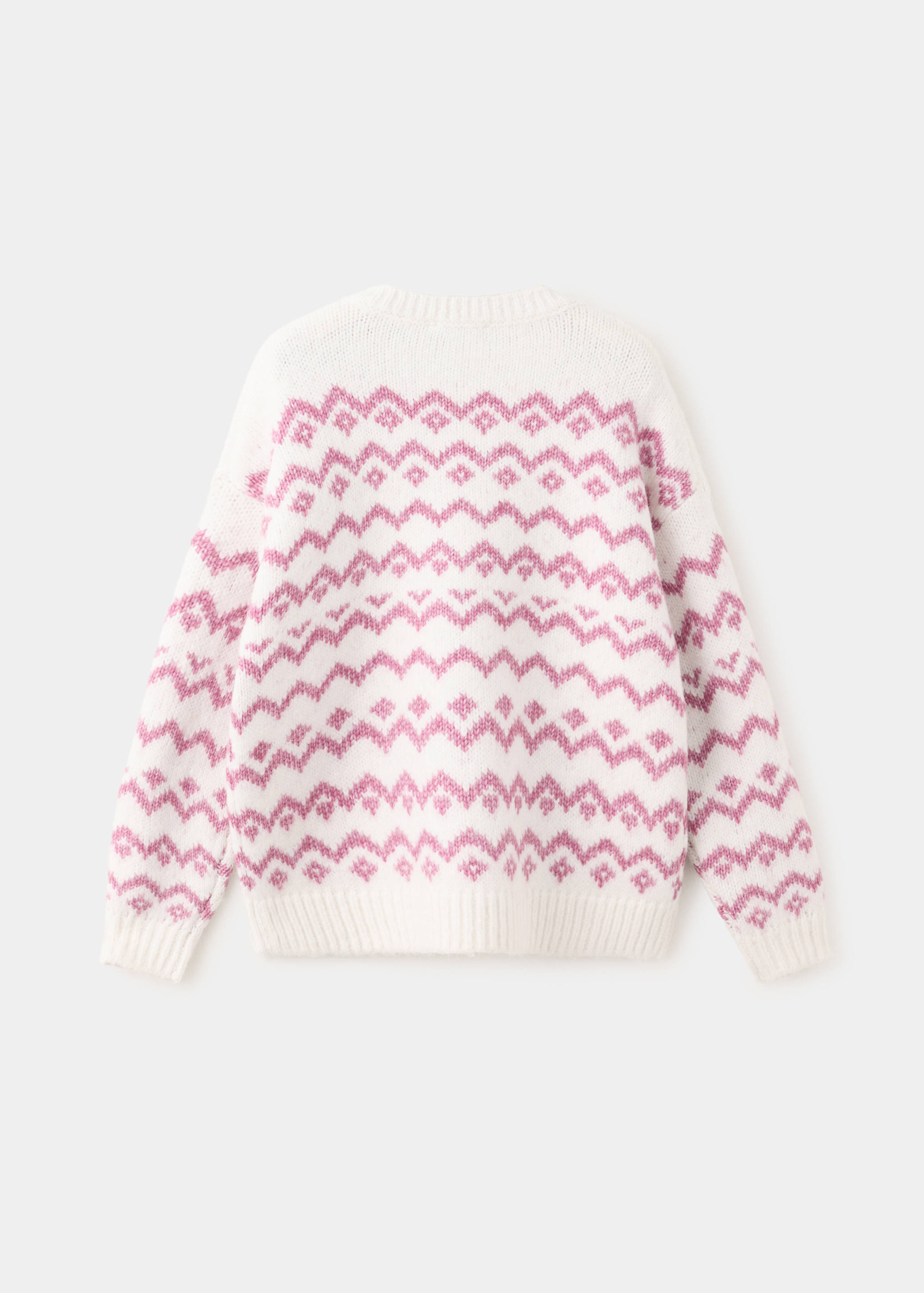 Back view of a kids' off-white knitted sweater with a pink Fair Isle pattern.
