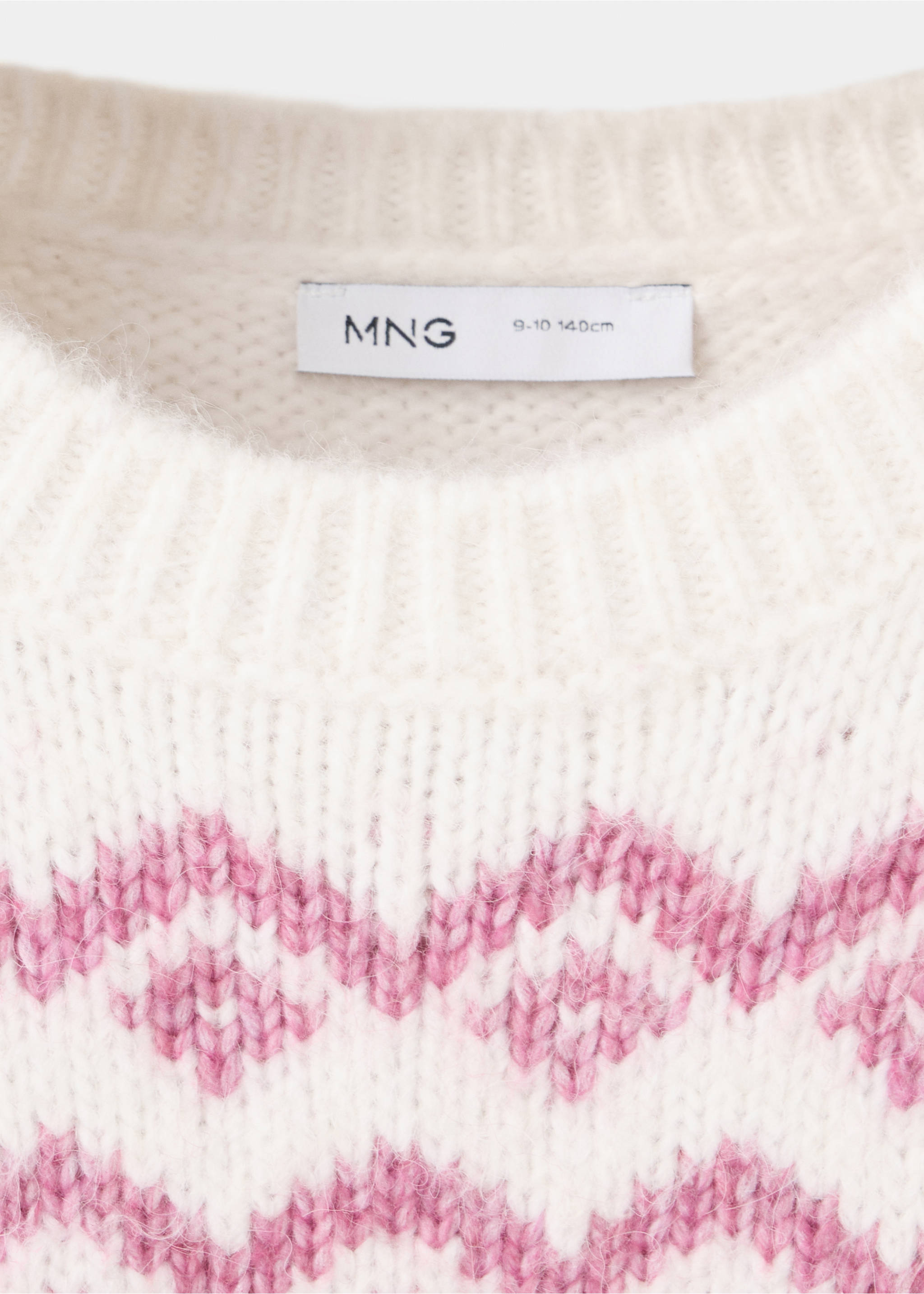 Close-up of an off-white knit jumper with a pink fair isle pattern., Pink. Ref: 37007127-00.