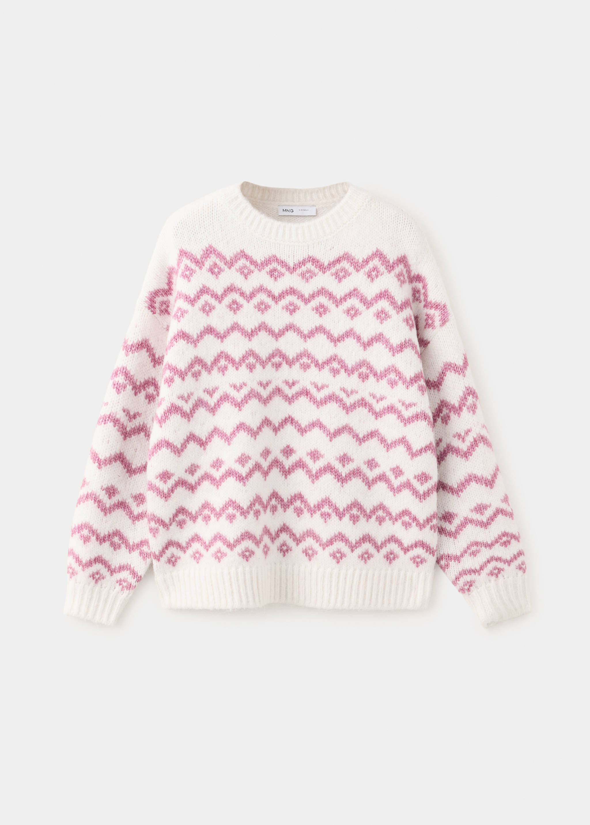 White and pink Fair Isle knitted jumper with a crew neck.