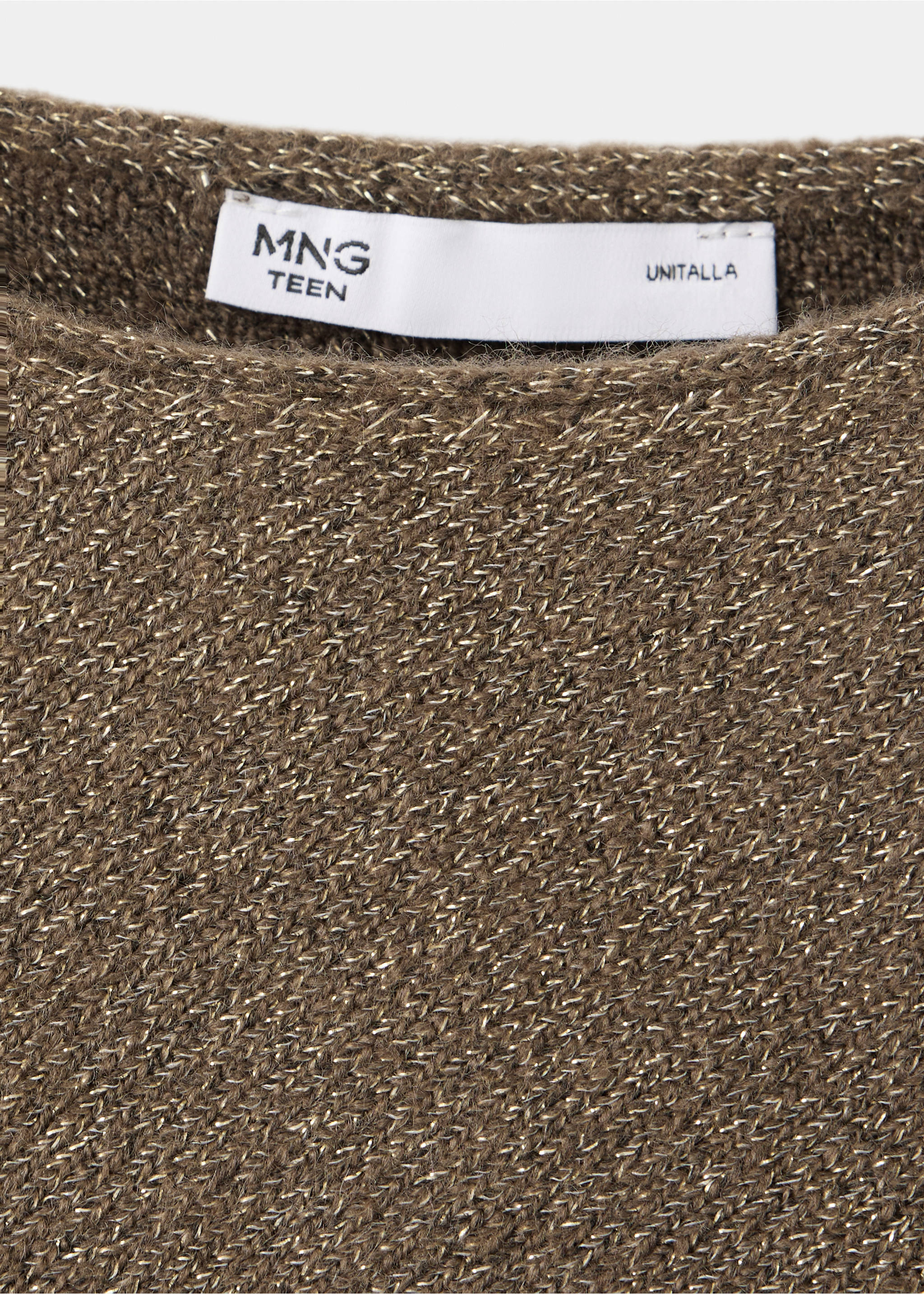 Close-up of a metallic knit jersey in brownish-gold with a branded label., Light/Pastel Brown. Ref: 37007130-00.