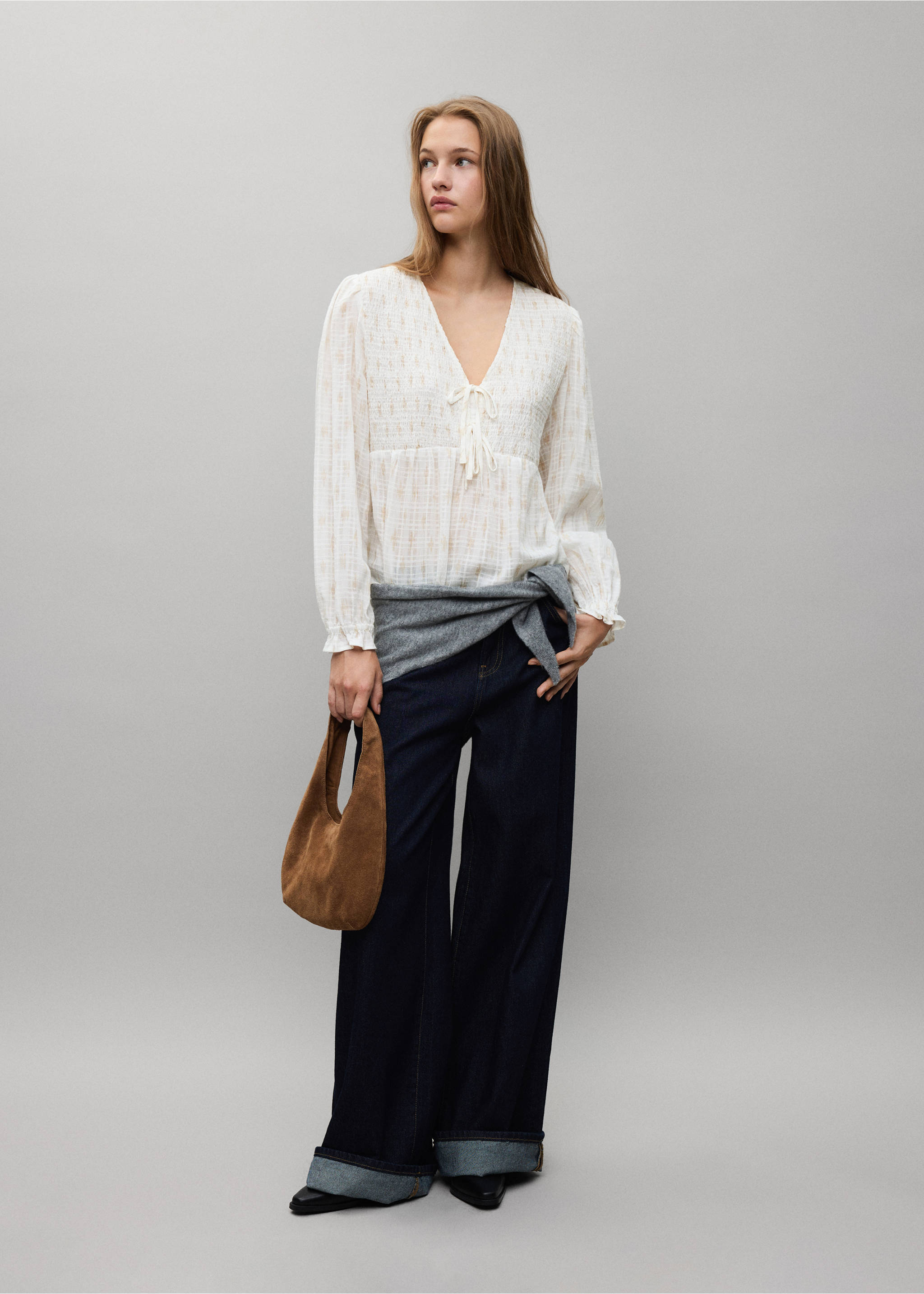 100% cotton gathered shirt - General plane, Off White. Ref: 37007132-00.