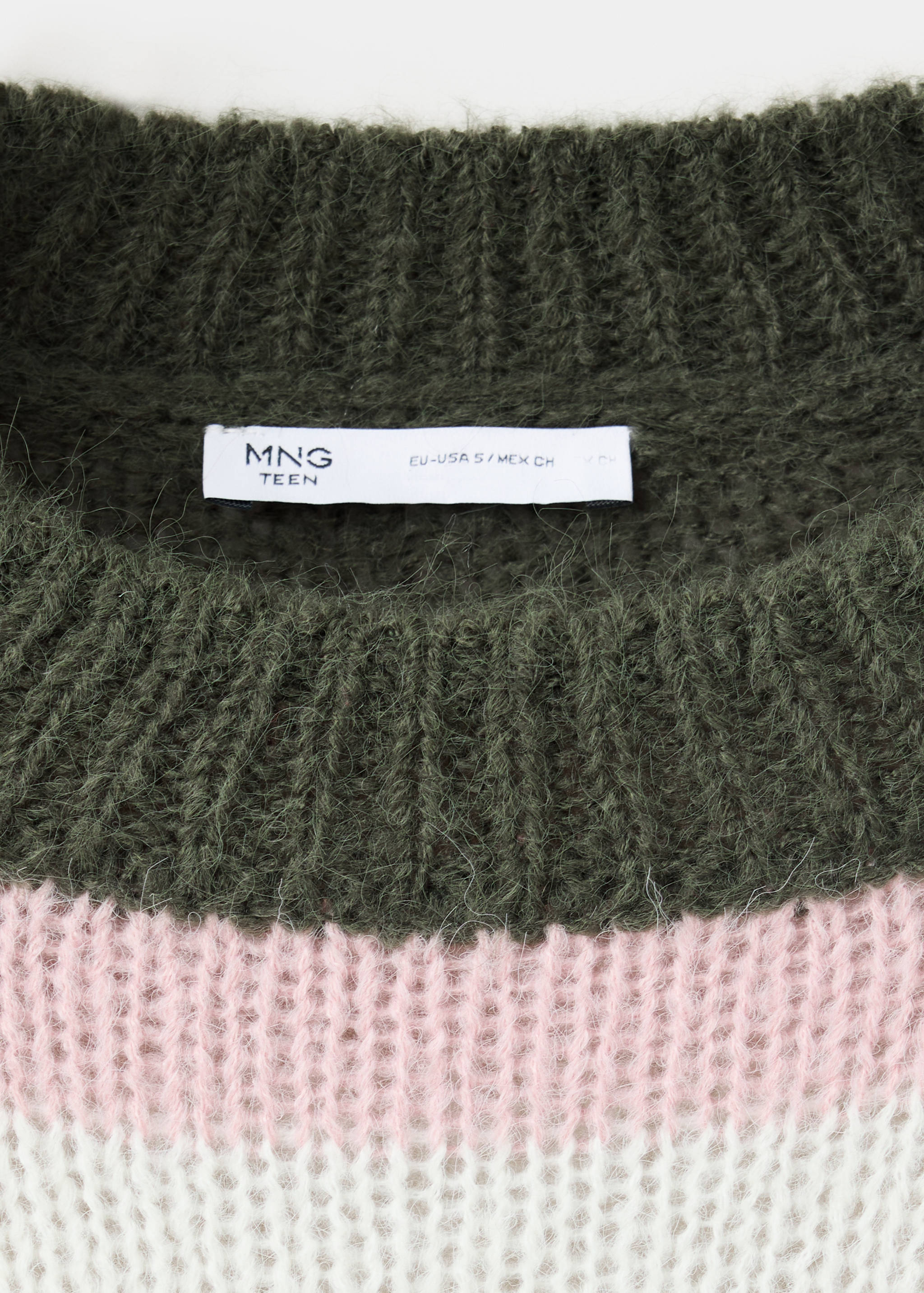 Dark green, pink, and white striped knitted jersey detail
