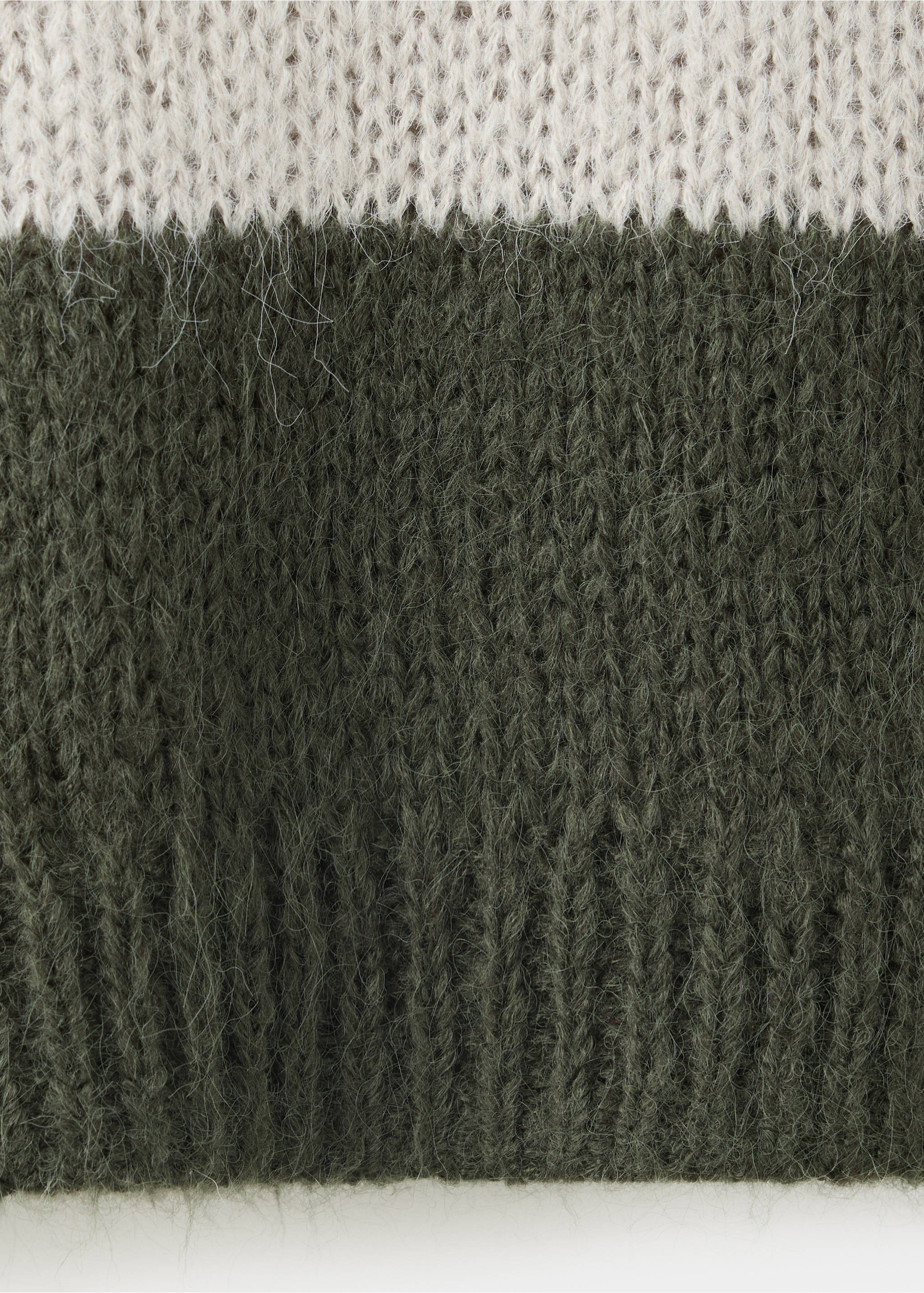 Close-up of a fuzzy ribbed-knit jersey in cream and dark green., Green. Ref: 37007142-00.