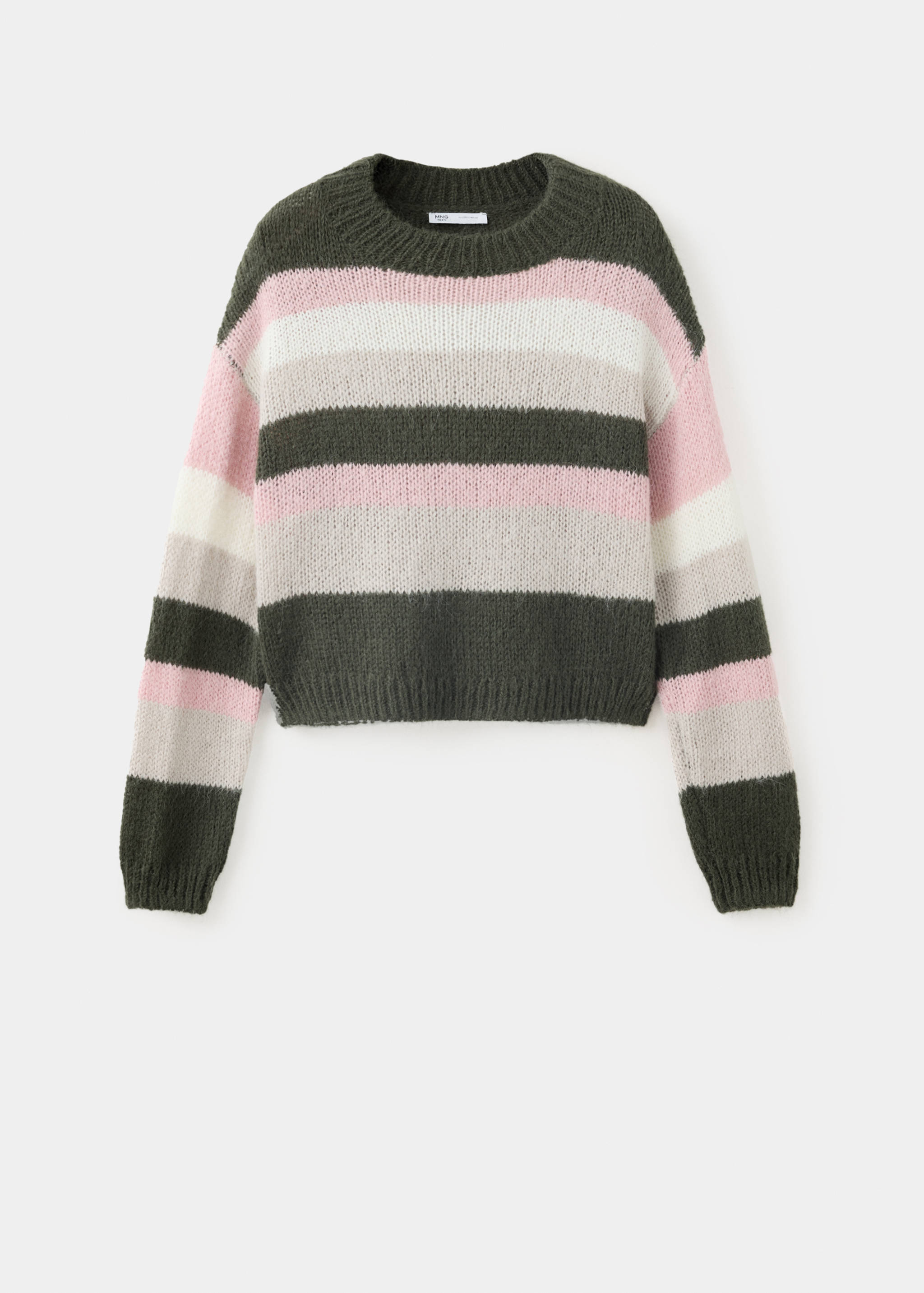 Green, pink, white and grey striped knitted jersey sweater.
