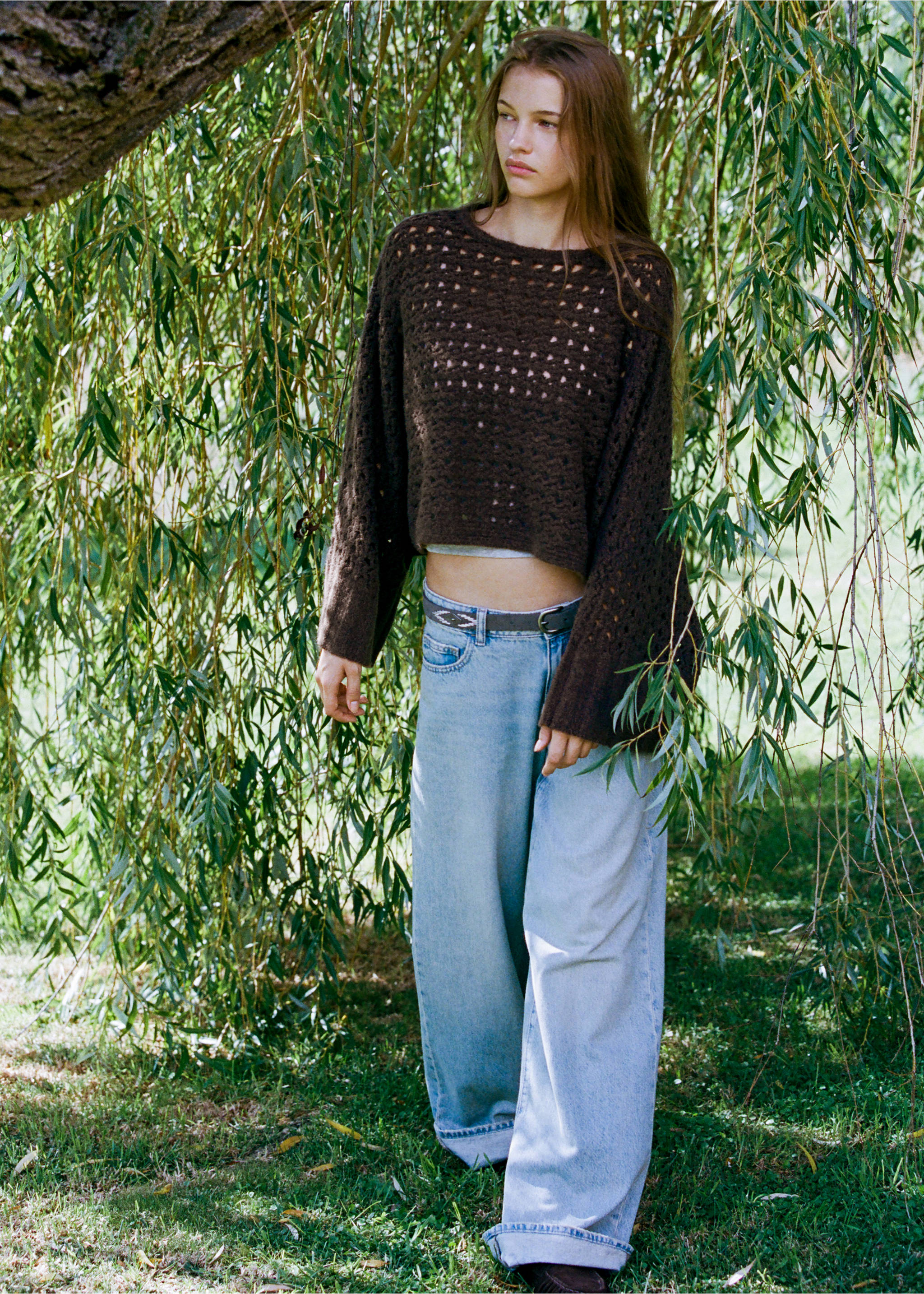 Openwork knit cape jumper - Medium plane, Brown. Ref: 37007143-00.