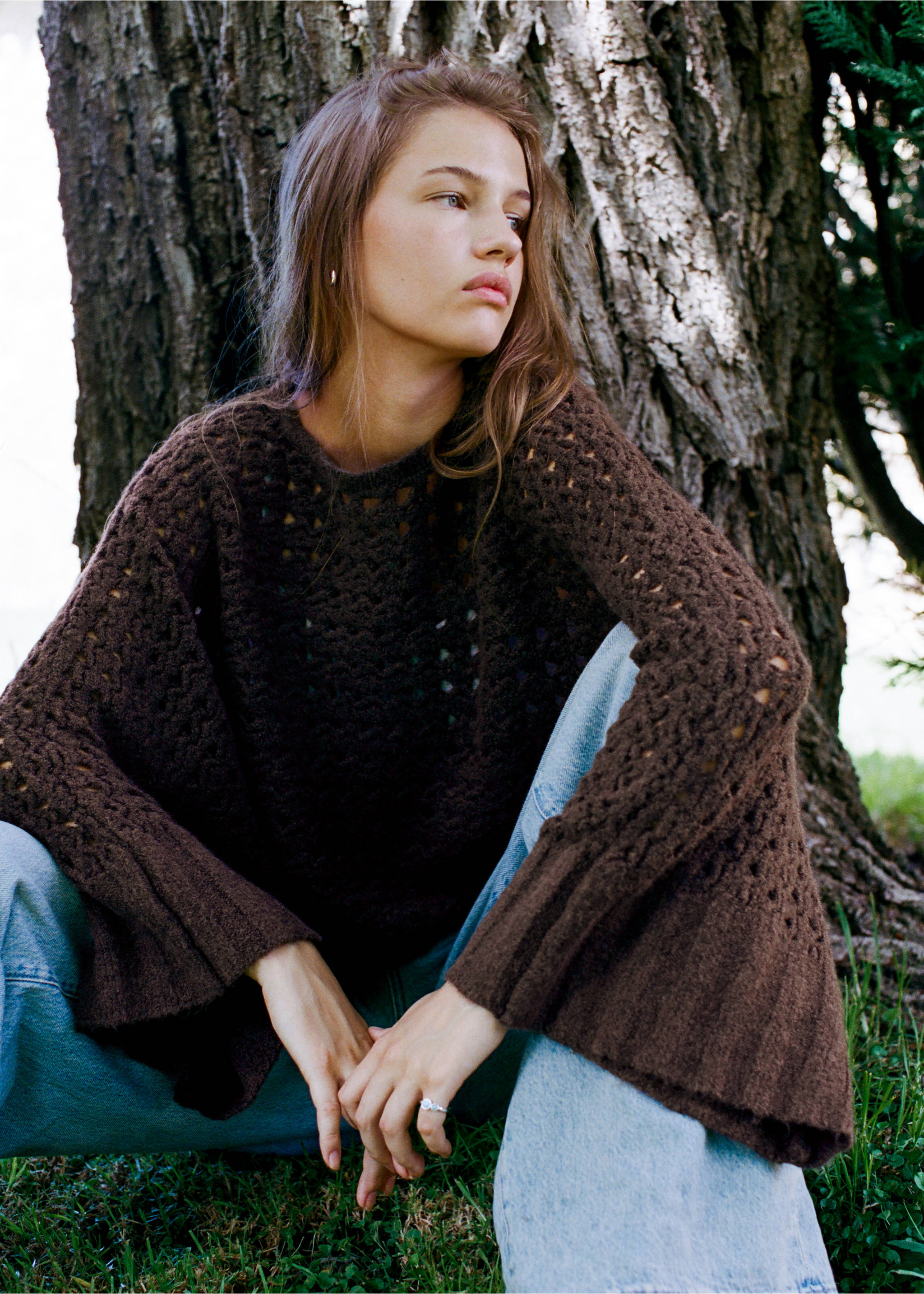 Openwork knit cape jumper - Details of the article 1, Brown. Ref: 37007143-00.