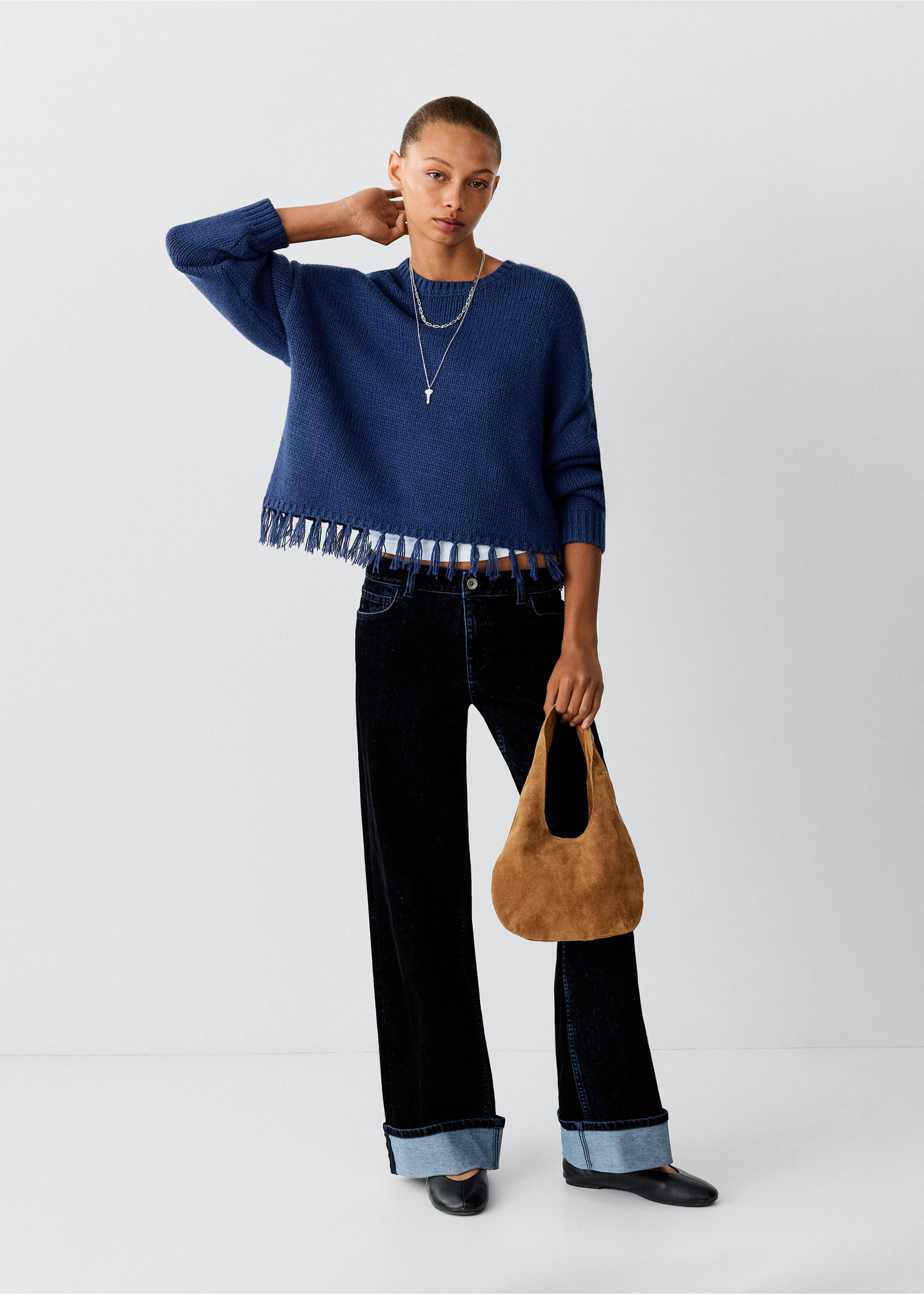 Asymmetrical hem jumper with fringe - General plane, Indigo Blue. Ref: 37007145-00.