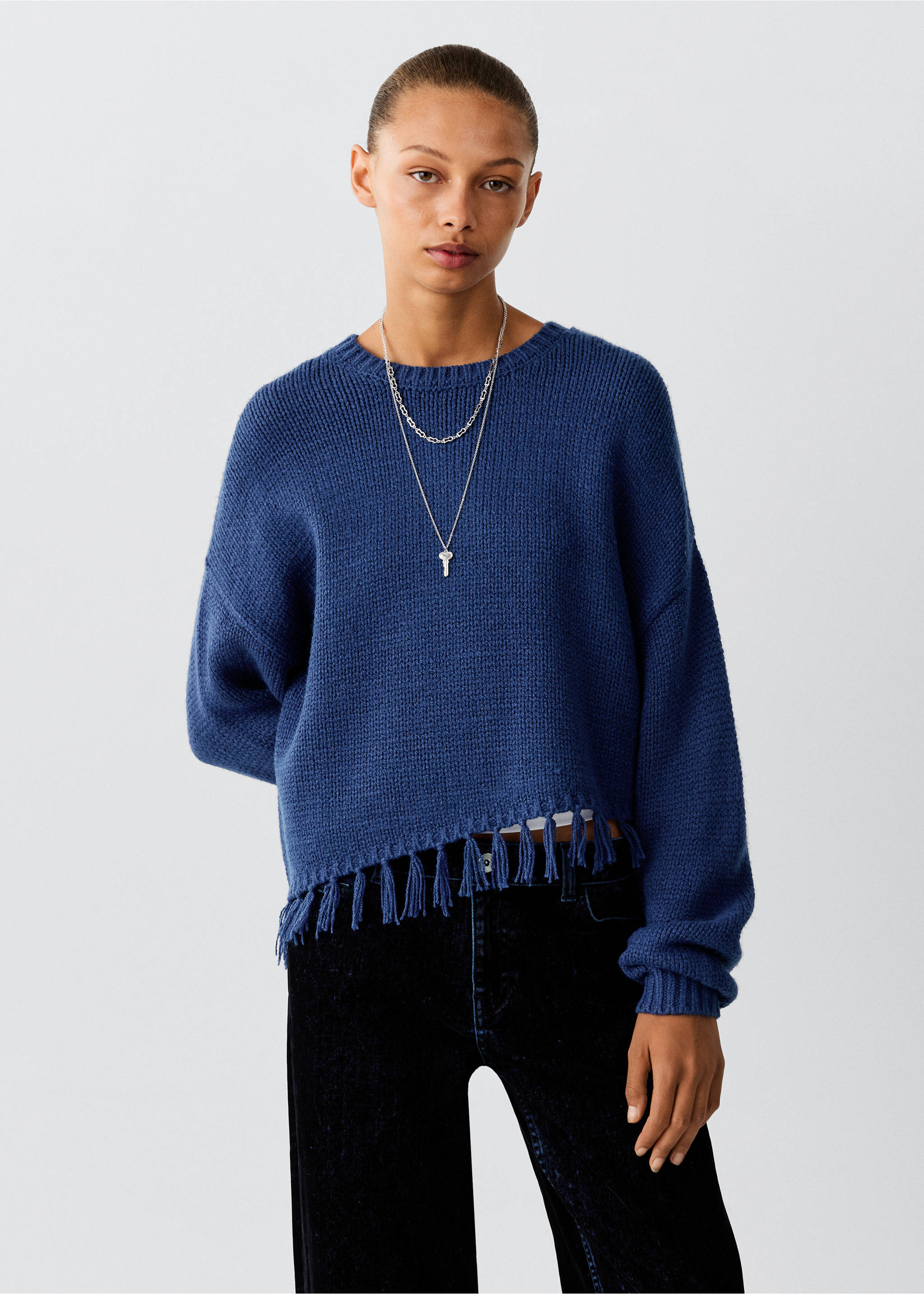 Asymmetrical hem jumper with fringe - Medium plane, Indigo Blue. Ref: 37007145-00.