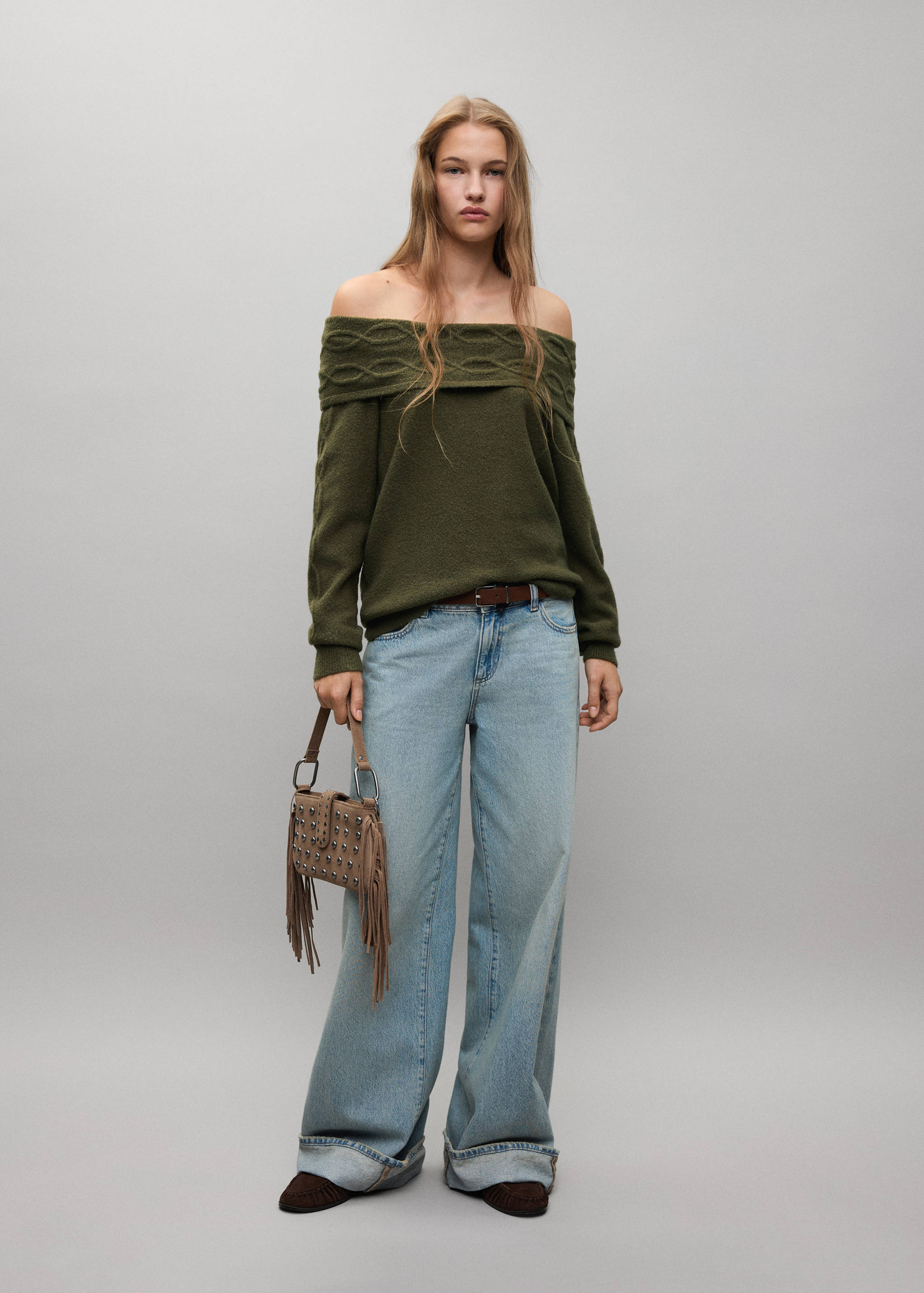 Olive green off-the-shoulder jersey with a cable-knit foldover collar.