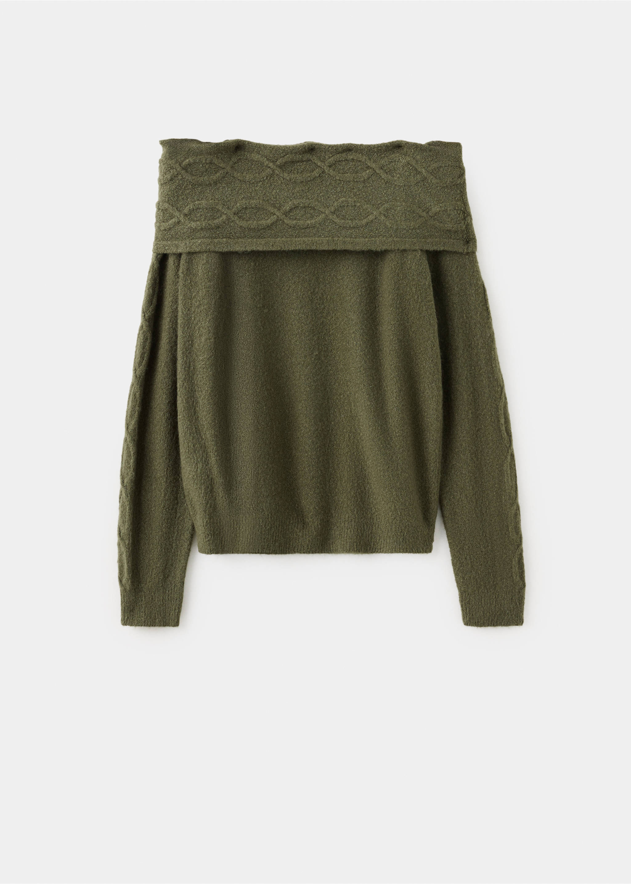 Green knit jersey featuring a folded-over off-the-shoulder cable-knit collar., Green. Ref: 37007146-00.