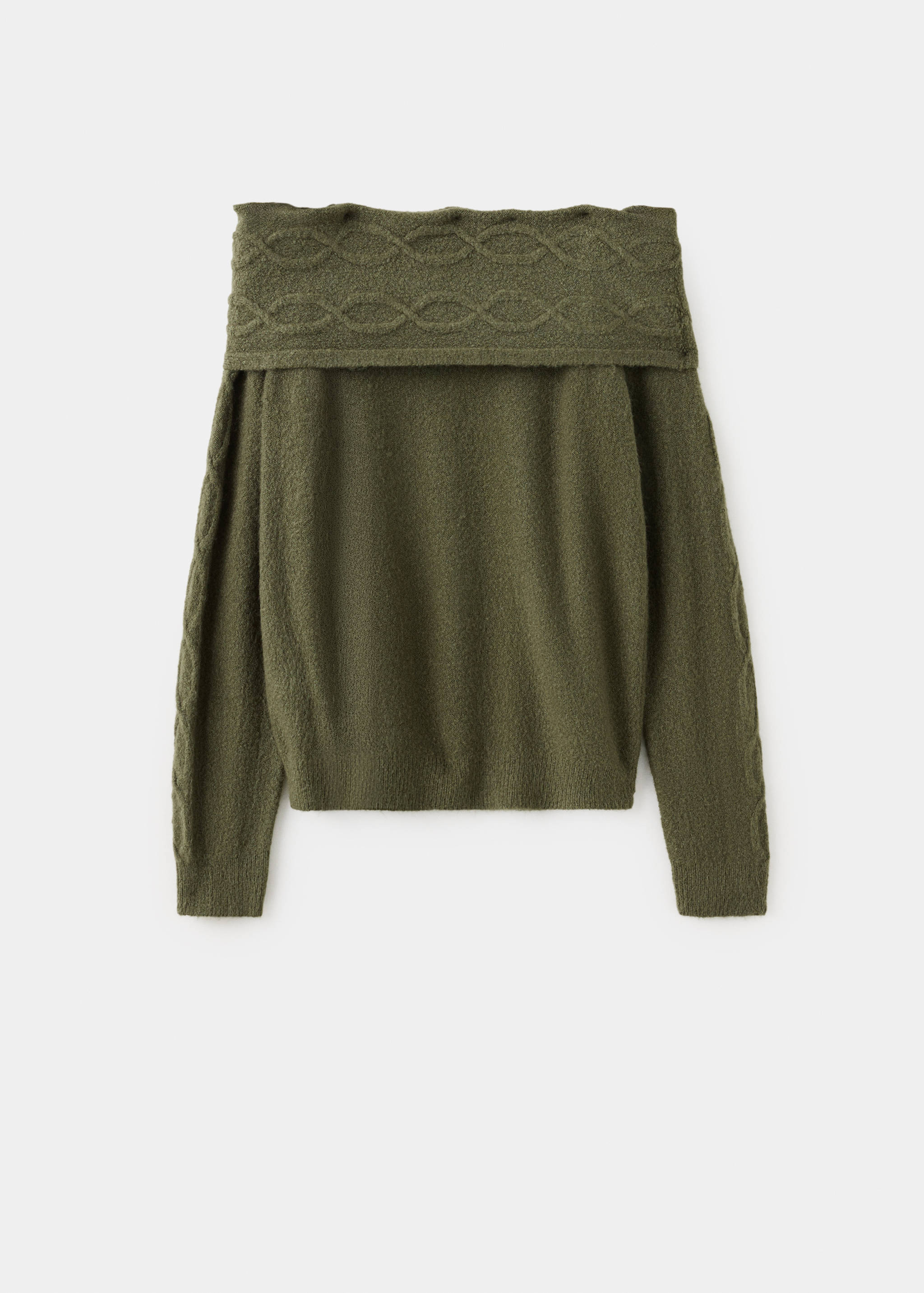 Green knit jersey featuring a folded-over off-the-shoulder cable-knit collar.