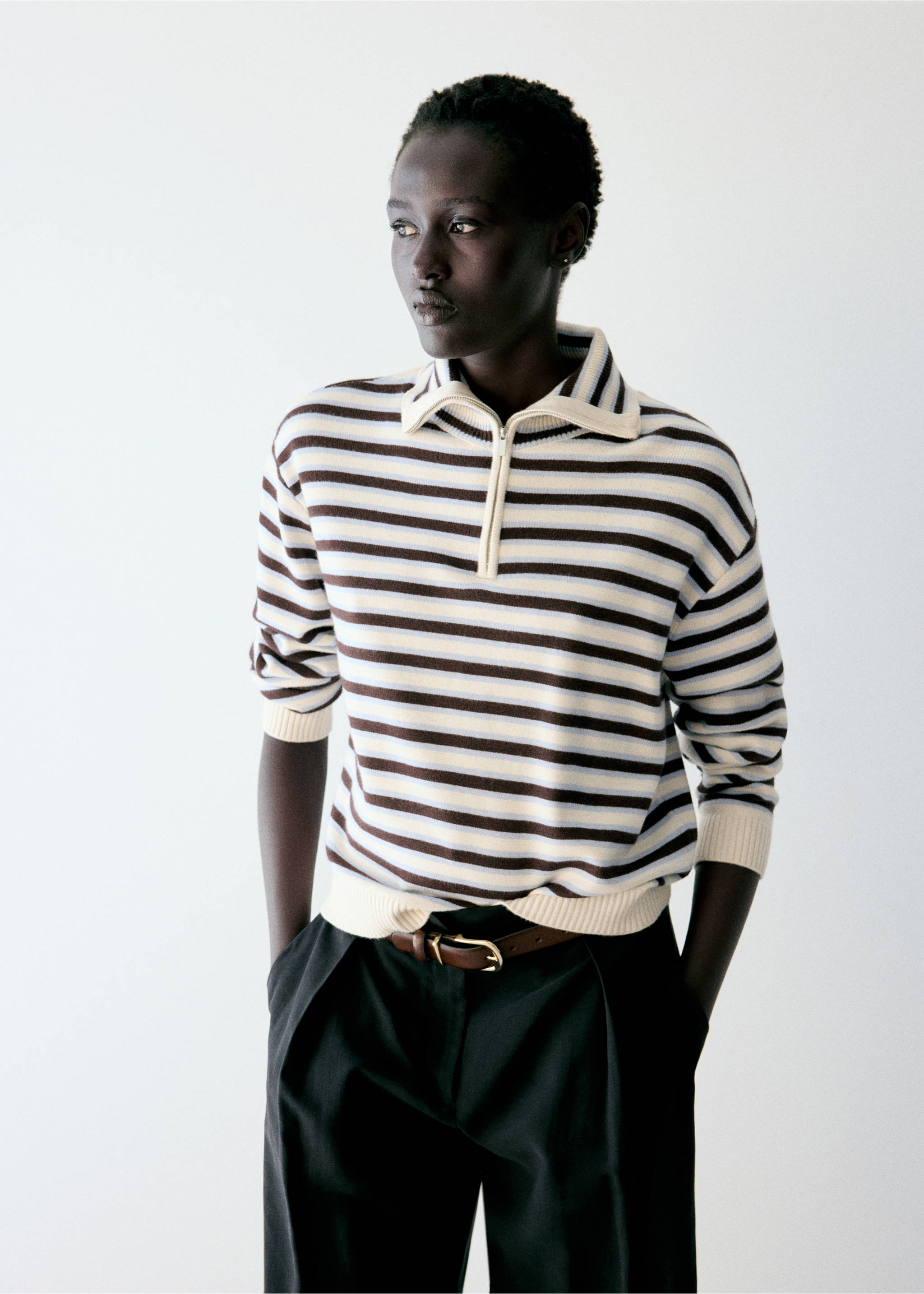 Striped zip-up polo jersey in cream, brown and light blue., Chocolate. Ref: 37007784-00.