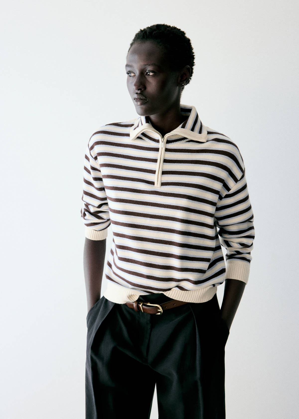 Striped sweater with perkins neck — Chocolate