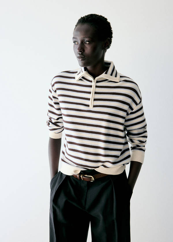 Striped sweater with perkins neck — Chocolate