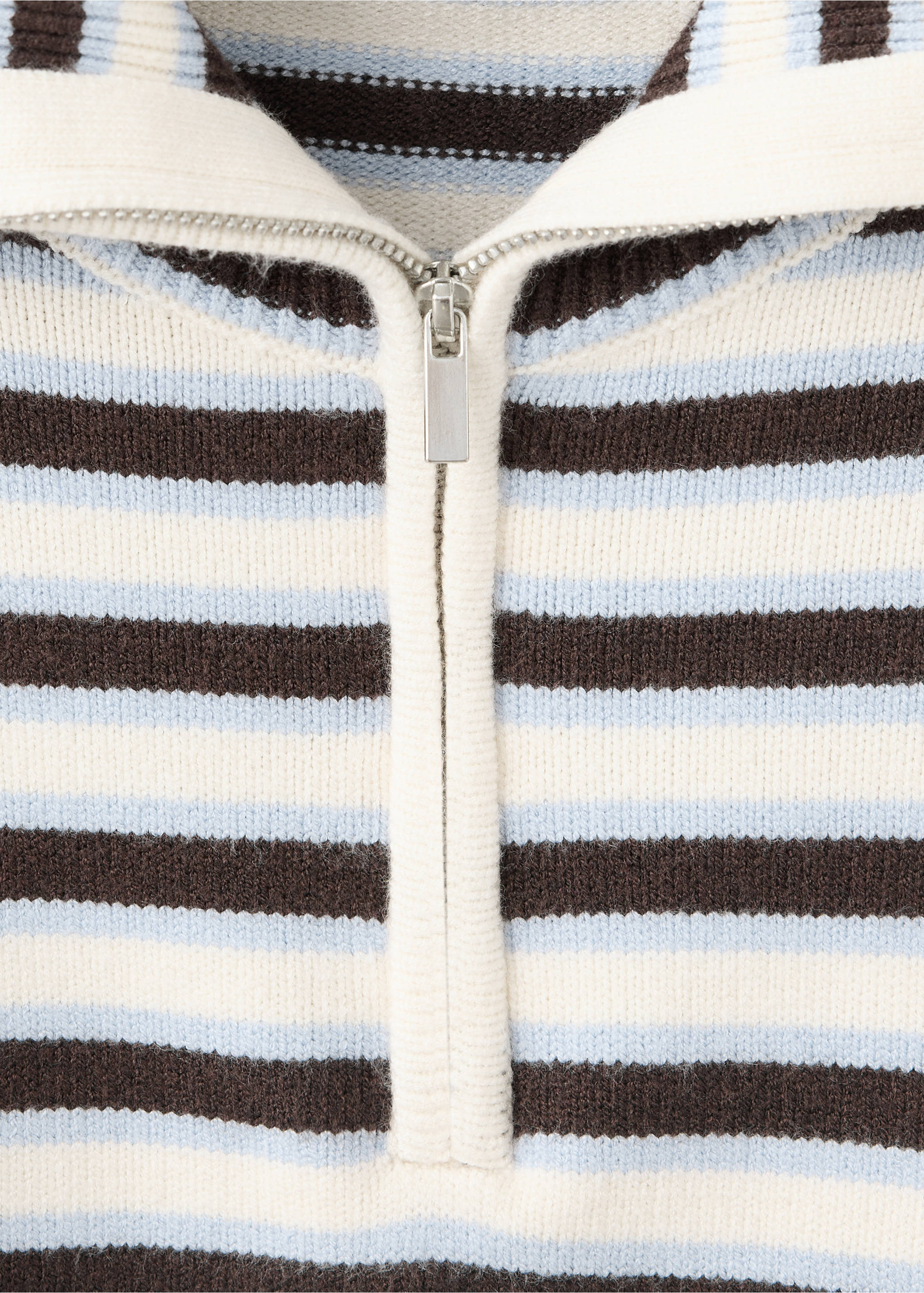 Close-up of a striped knit jersey with a zip-up collar., Chocolate. Ref: 37007784-00.