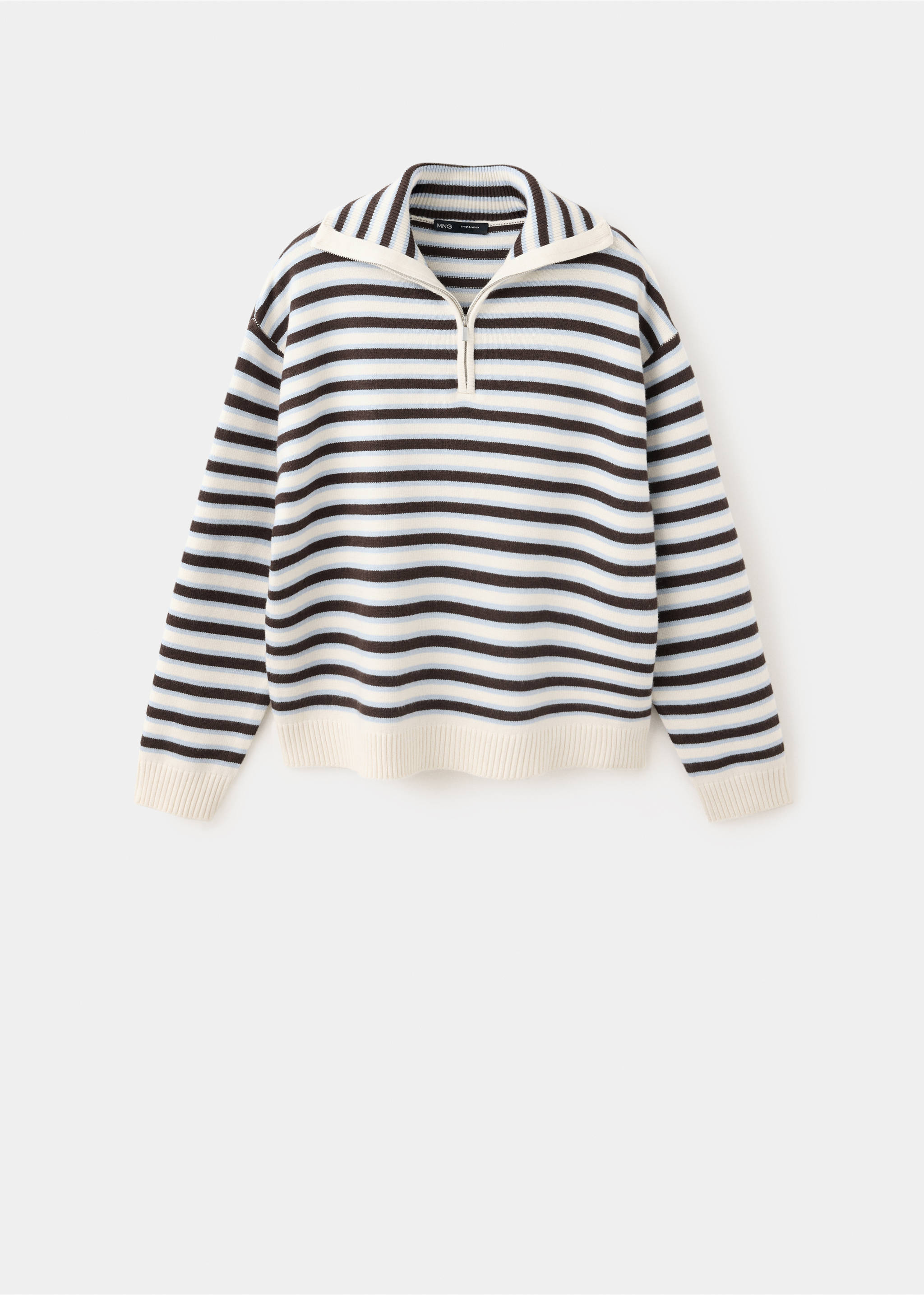 Brown, blue, and cream striped knitted jersey with a zip collar., Chocolate. Ref: 37007784-00.