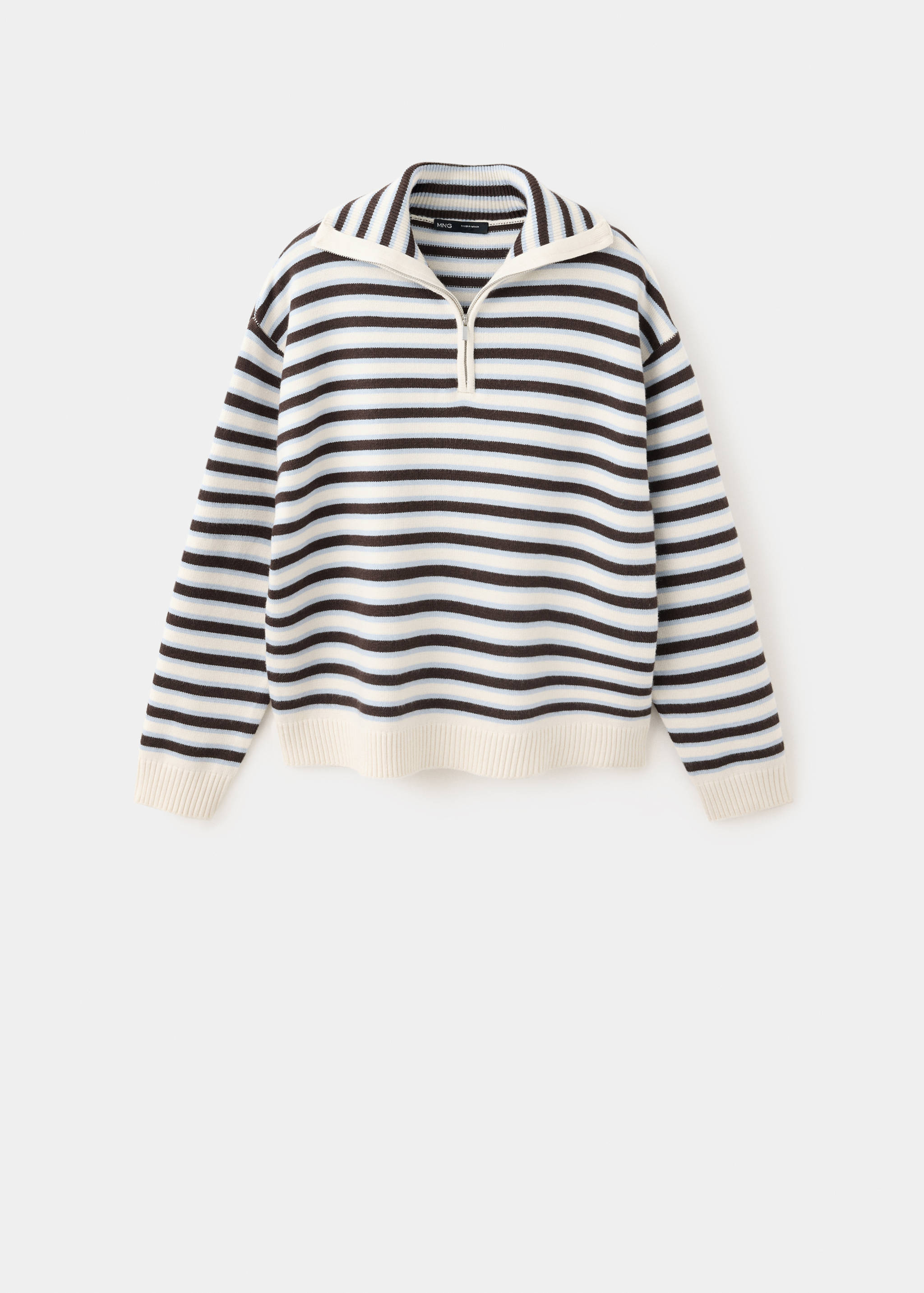 Brown, blue, and cream striped knitted jersey with a zip collar.