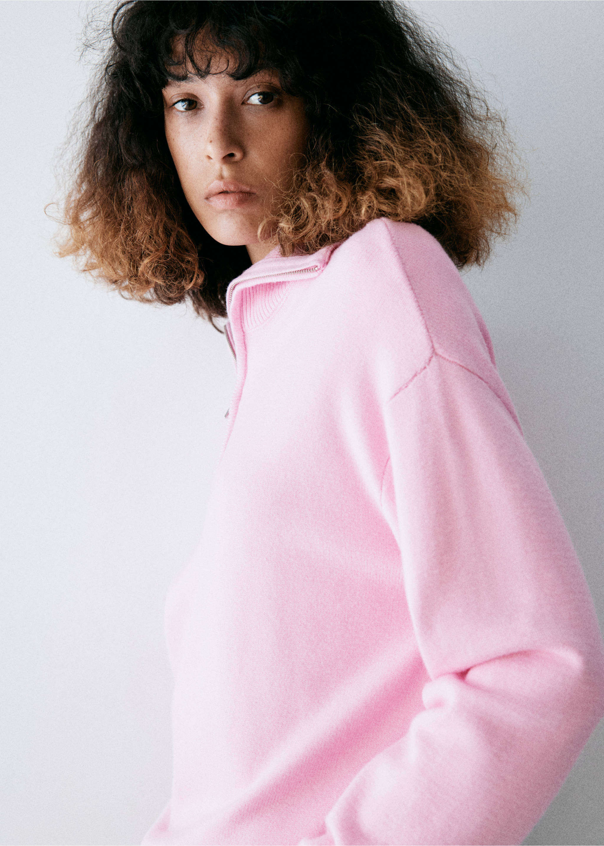 Pink knit jumper with a high zip-up collar and long sleeves., Light Pink. Ref: 37007784-00.