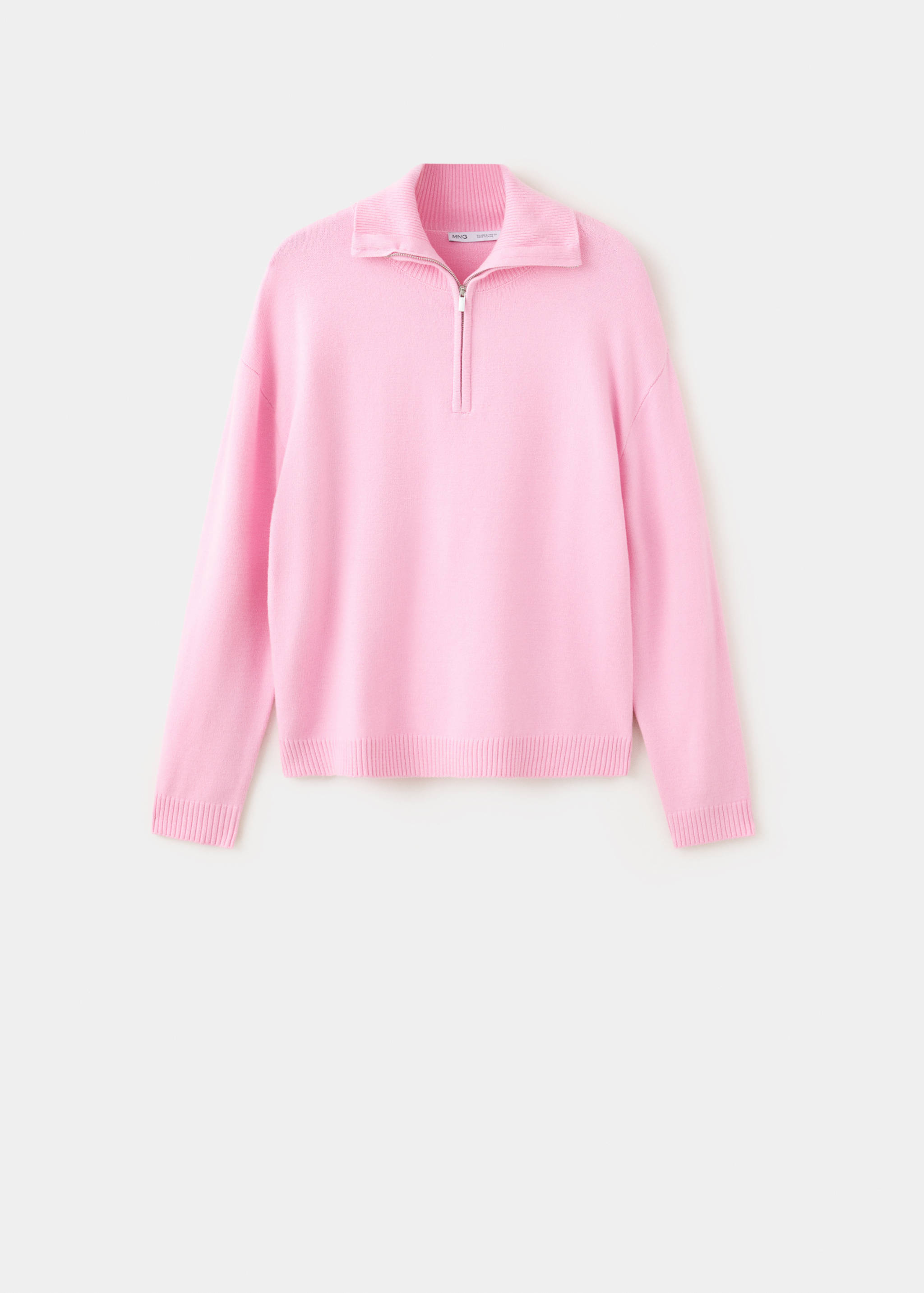 Pink knit jumper with a high zip-up collar and ribbed trims.