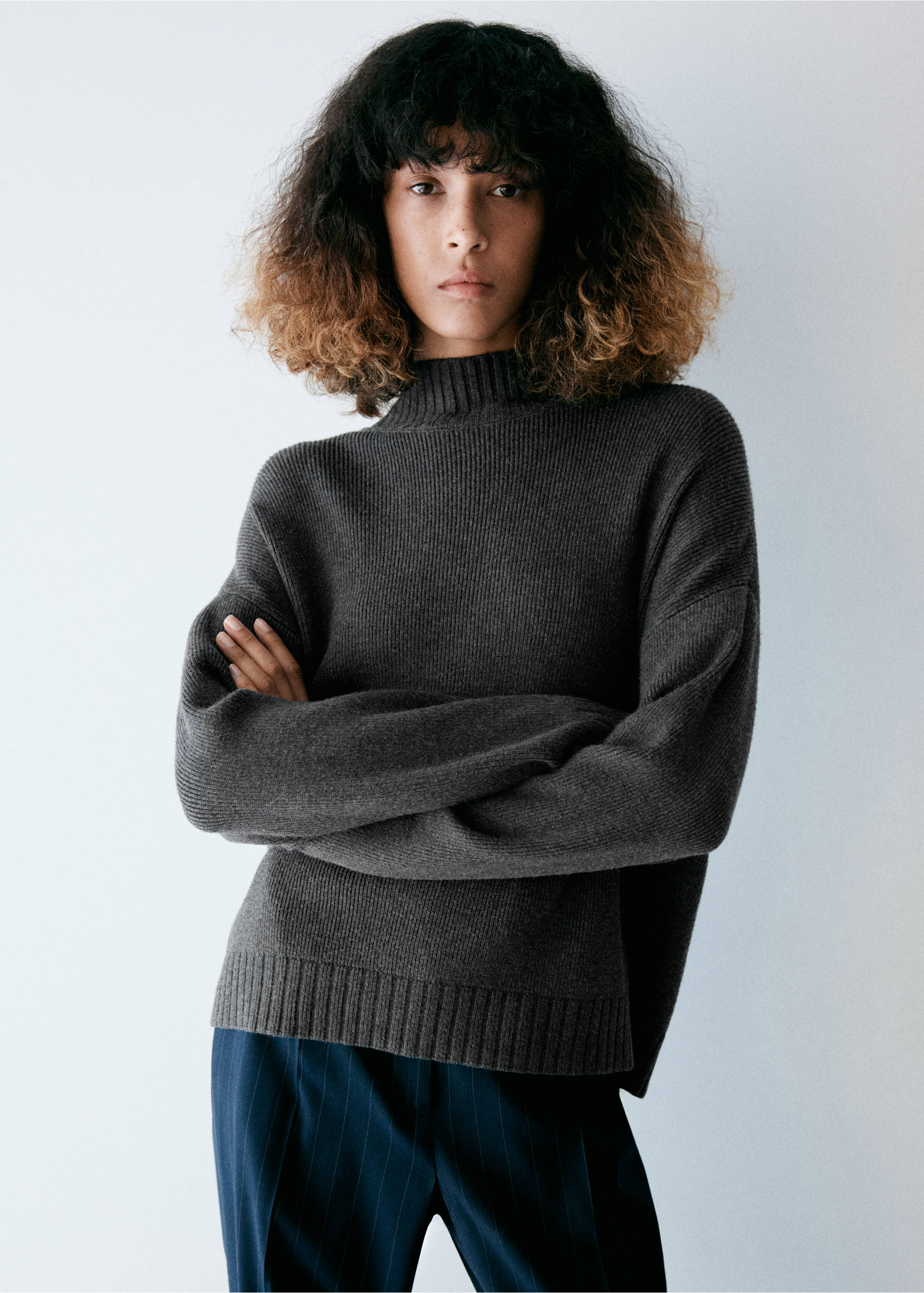 Dark grey ribbed knit sweater with a high neckline and long sleeves., Charcoal. Ref: 37007786-00.