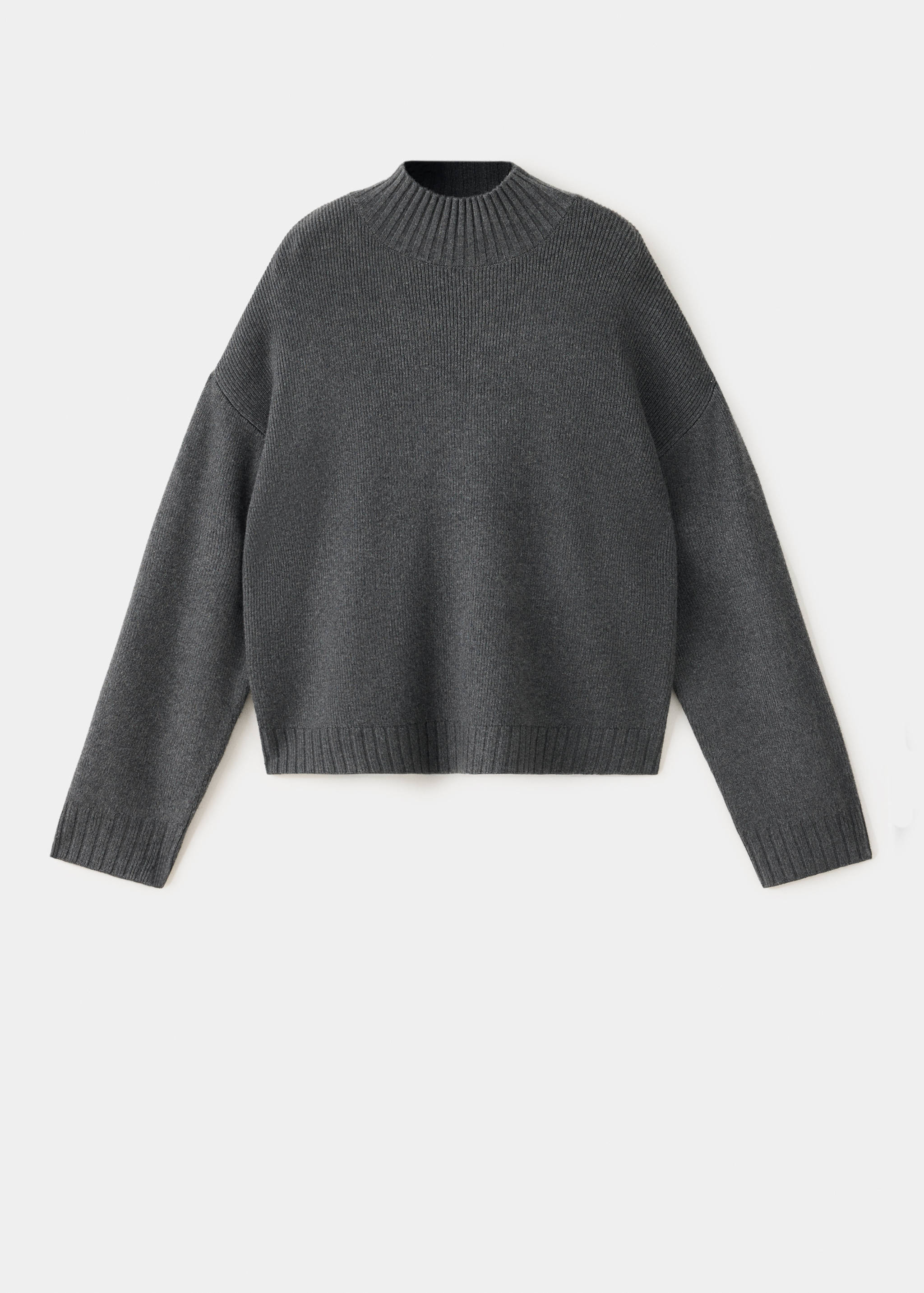 Dark grey knit jersey sweater with a ribbed high neck and dropped shoulders.