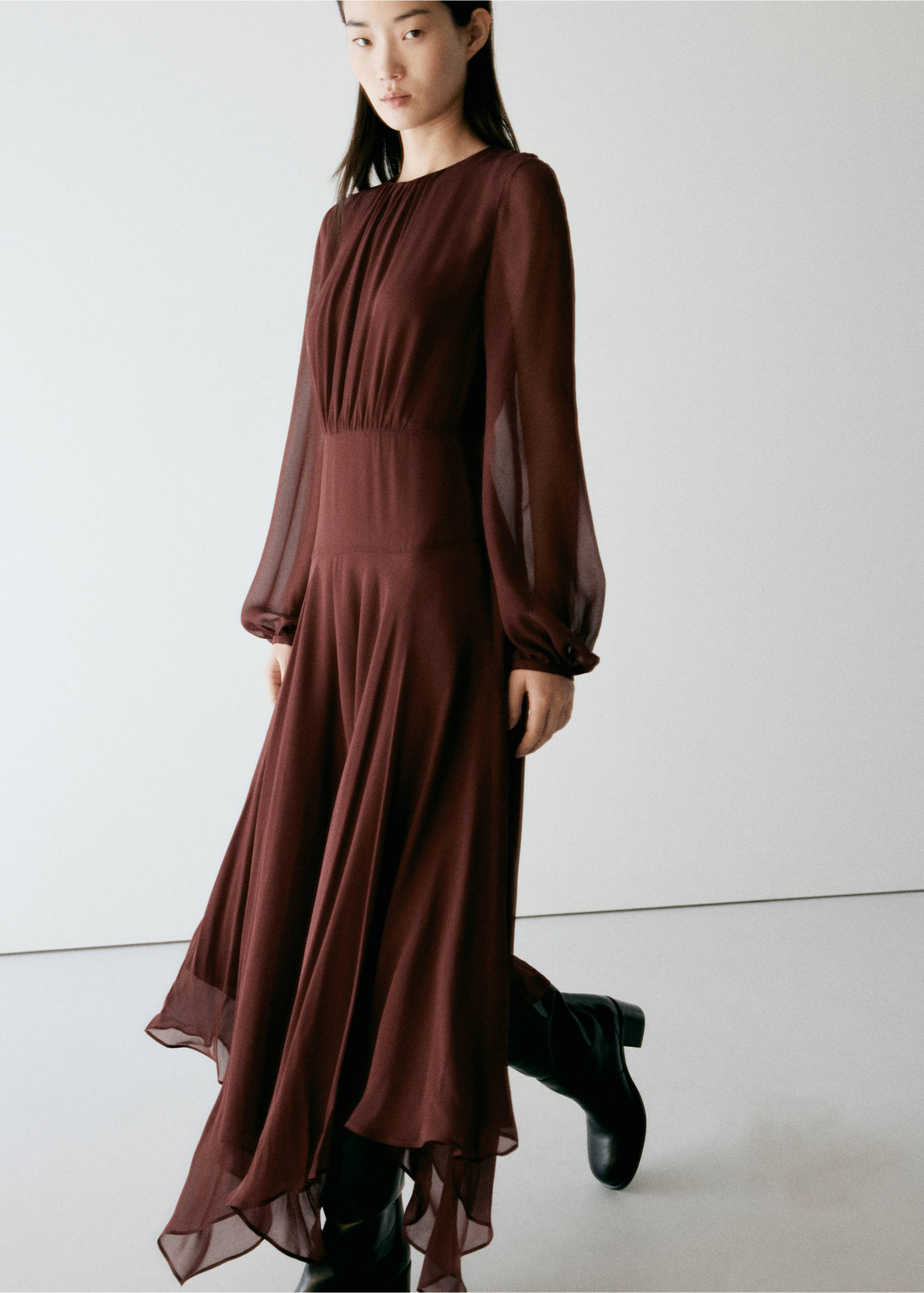 Burgundy long-sleeve midi dress with a gathered bodice, fitted waist, and sheer asymmetric skirt., Cherry. Ref: 37007787-00.