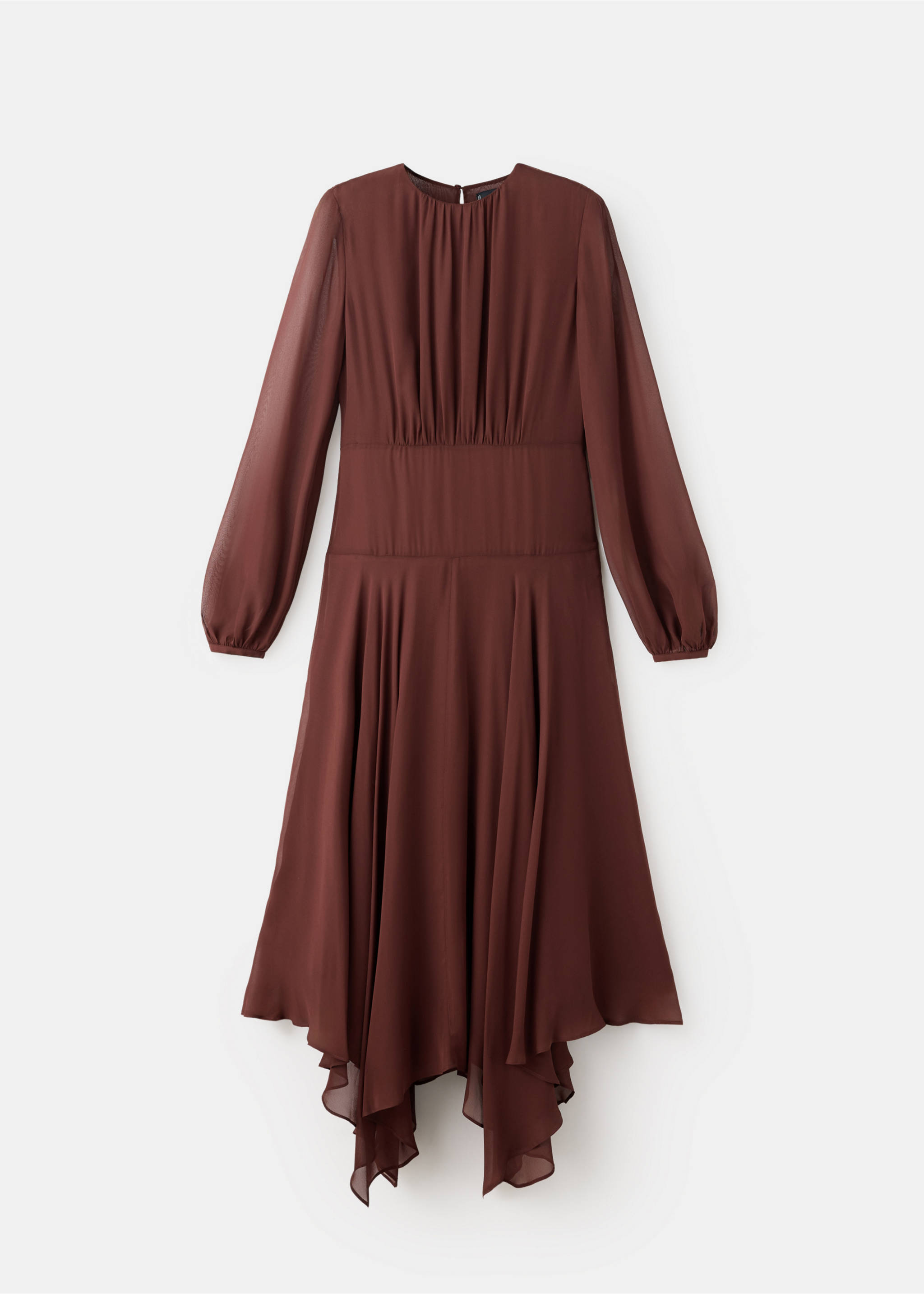 Brown long-sleeved midi dress with a gathered bodice and asymmetrical handkerchief hem., Cherry. Ref: 37007787-00.