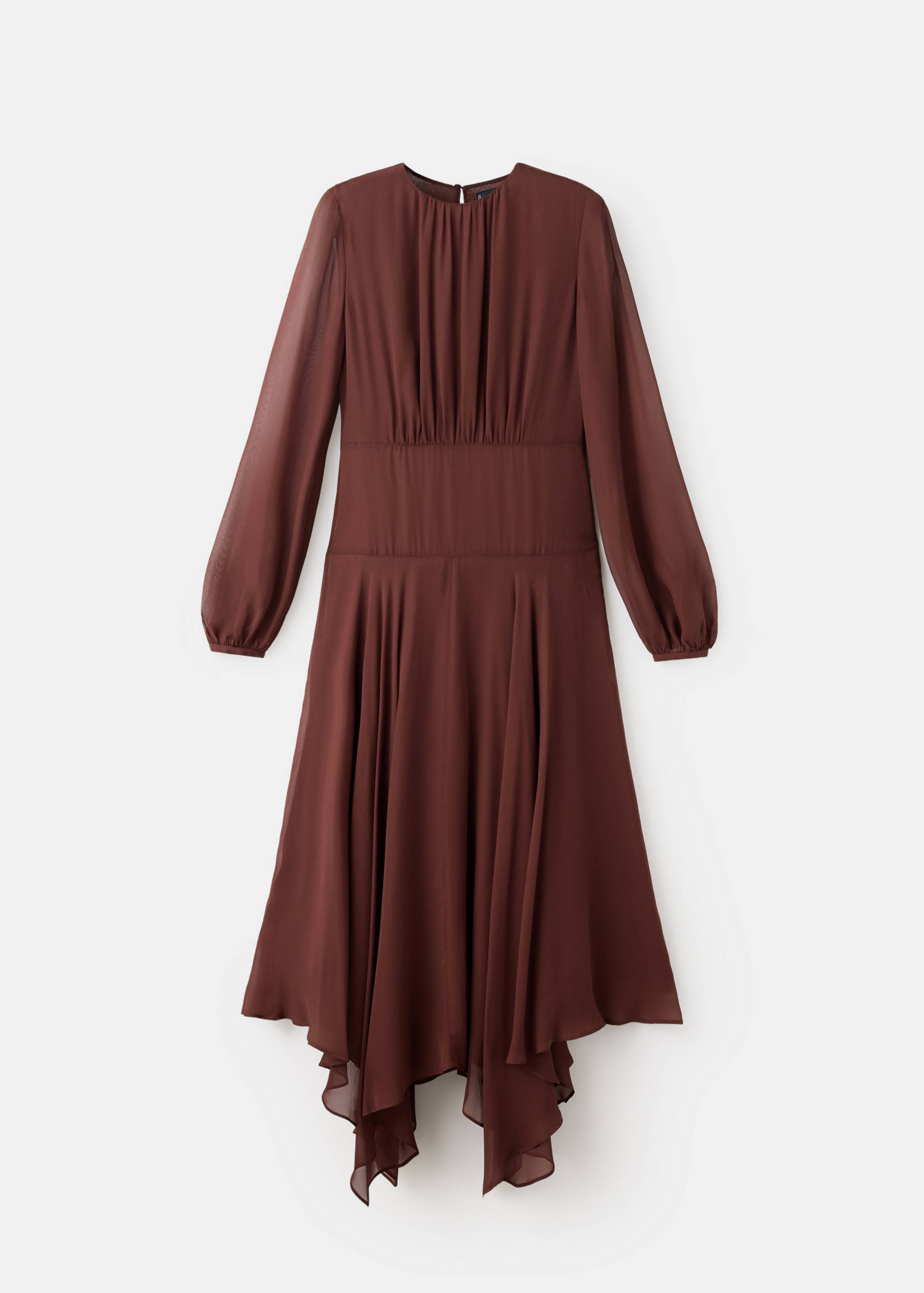 Brown long-sleeved midi dress with a gathered bodice and asymmetrical handkerchief hem.