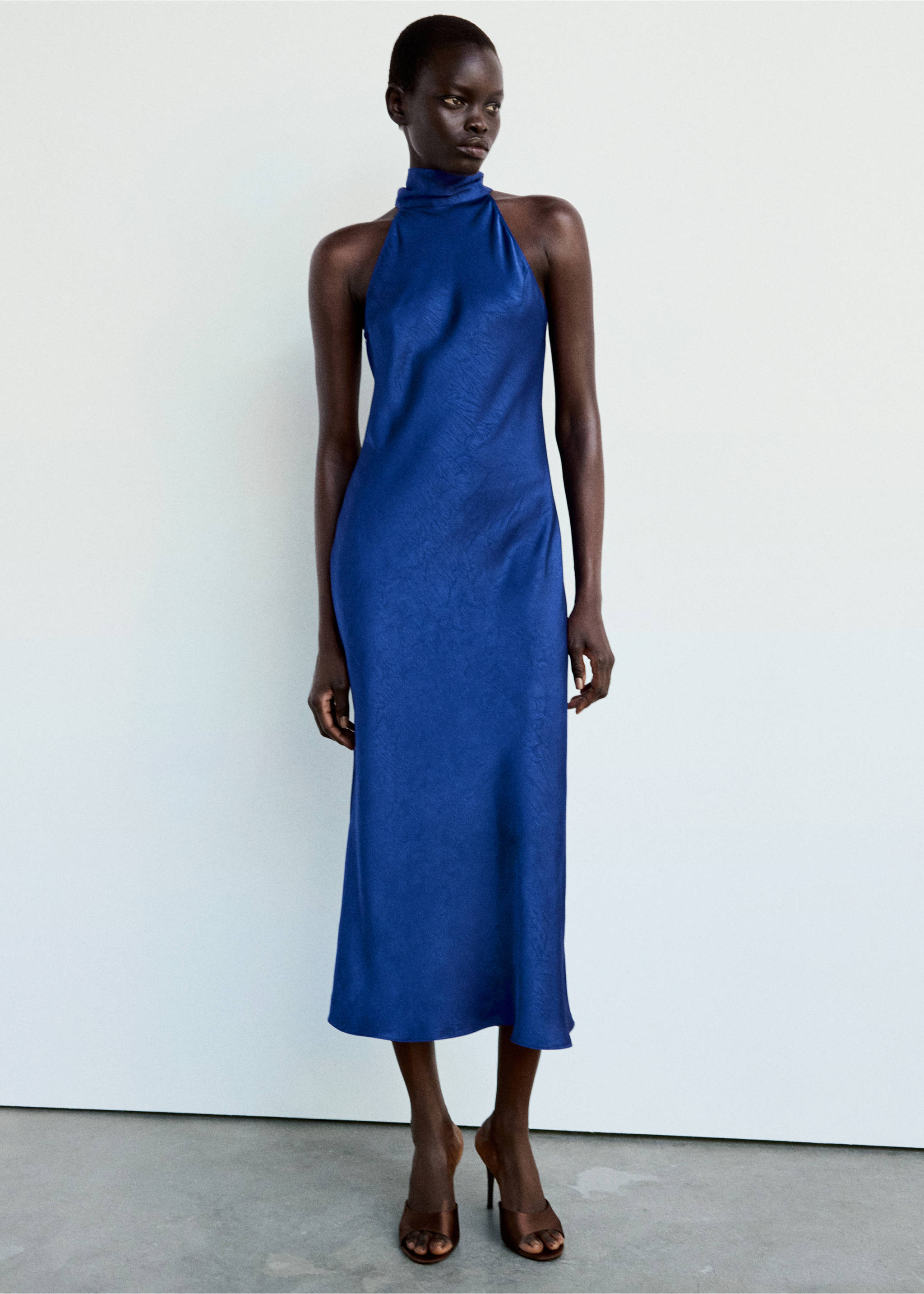 Satin halter neck dress - General plane, Blue. Ref: 37007788-00.