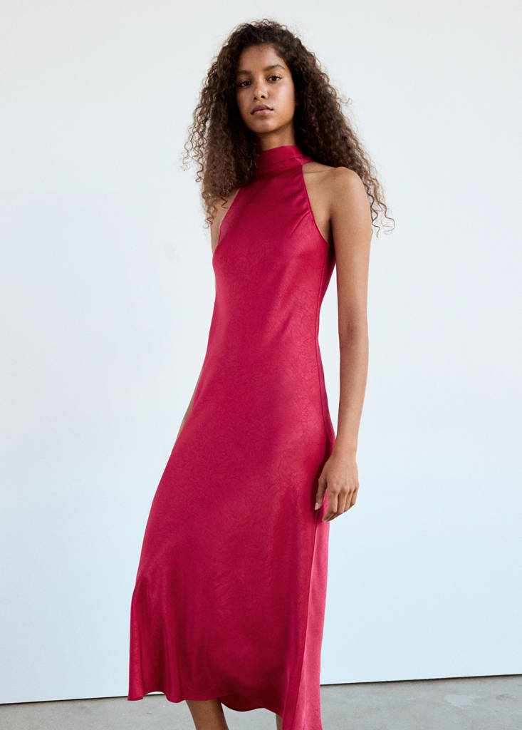 Satin halter neck dress — Fuchsia