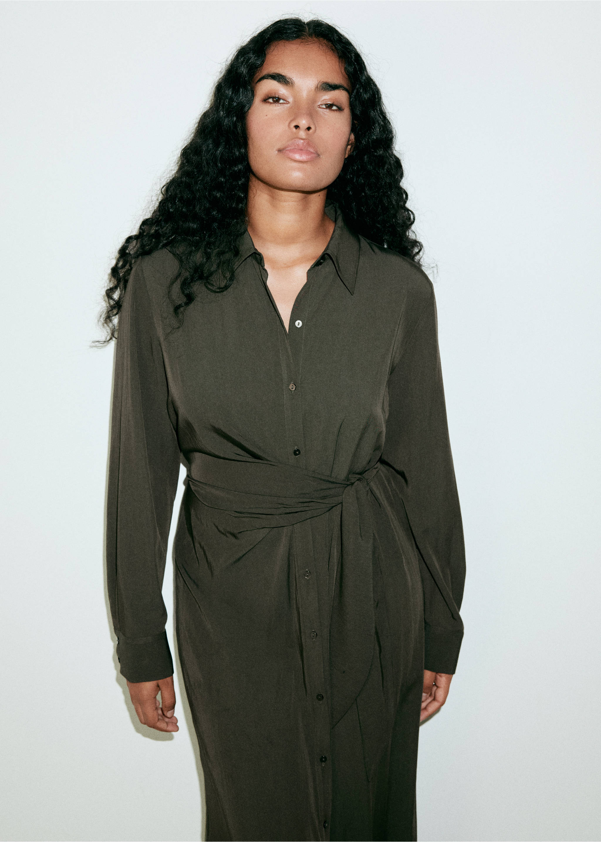 Bow shirt dress - Details of the article 6, Green. Ref: 37007793-00.