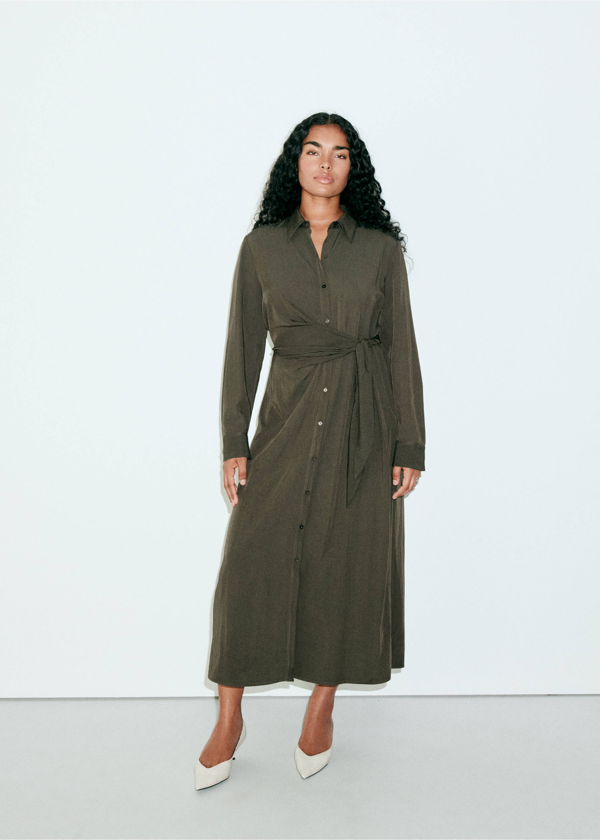 Bow shirt dress - Details of the article 5, Green. Ref: 37007793-00.
