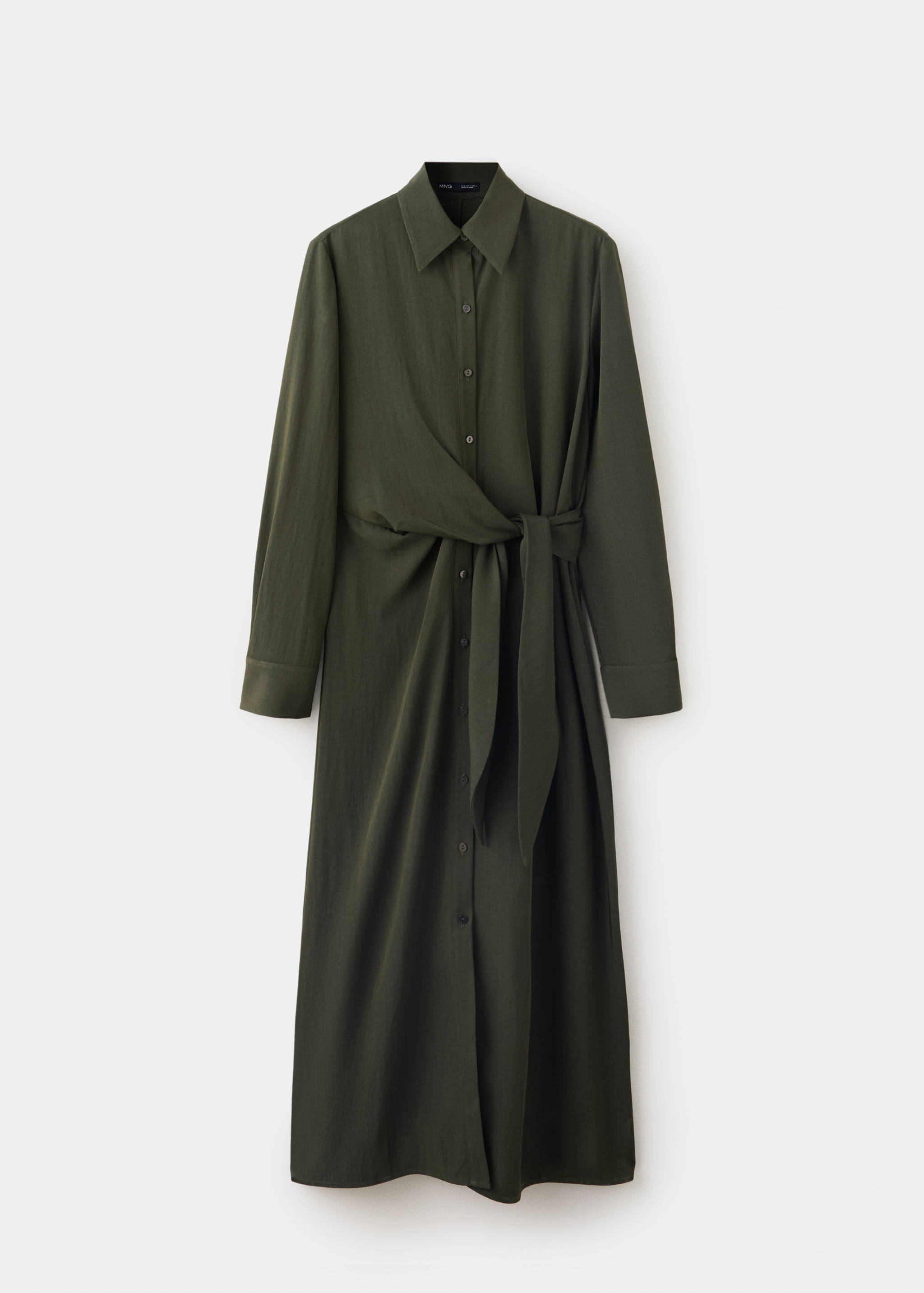 Dark green midi shirt dress with long sleeves and a wrap tie belt at the waist.