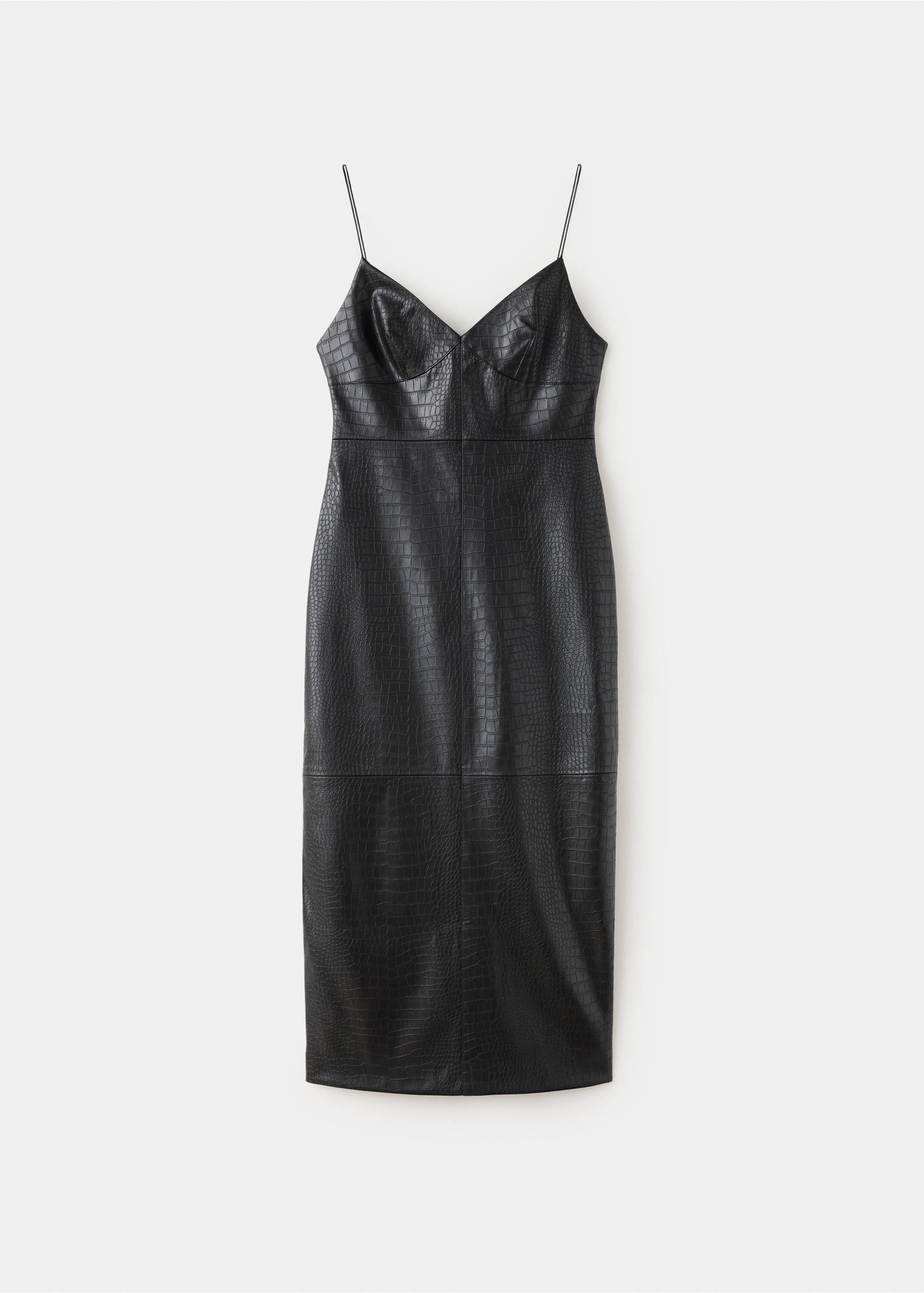 Black midi dress with thin straps, sweetheart neckline and embossed crocodile texture., Black. Ref: 37007794-00.