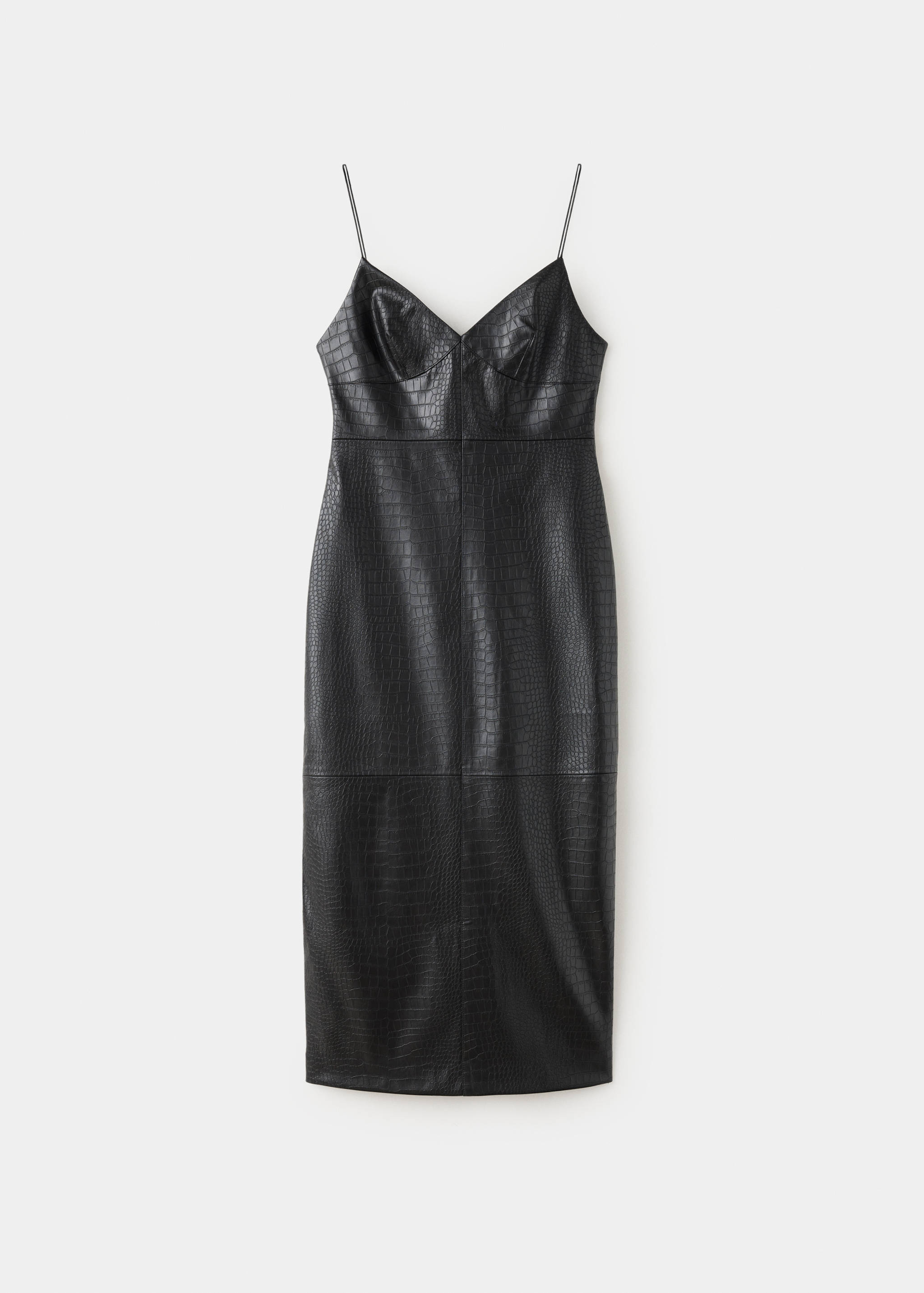 Black midi dress with thin straps, sweetheart neckline and embossed crocodile texture.