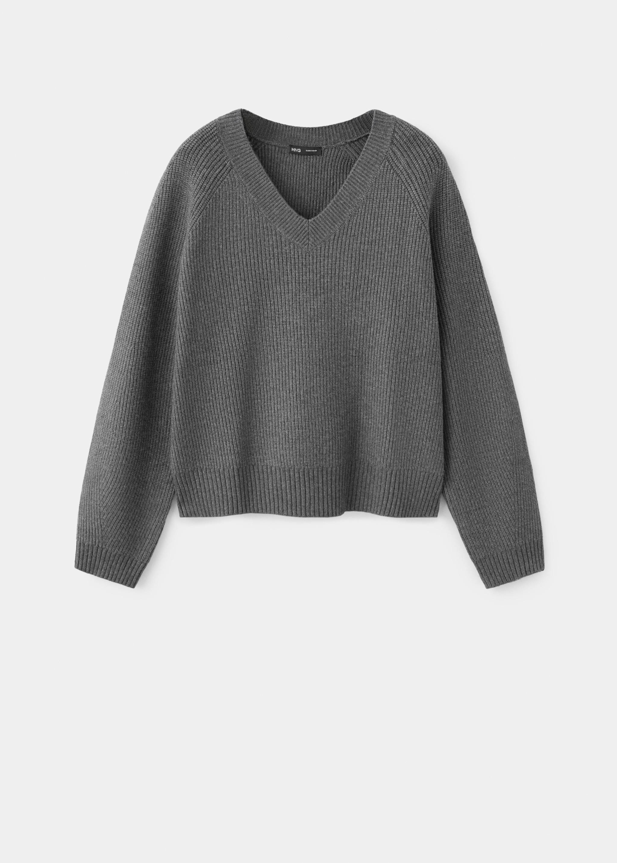 Jersey de cuello en V de punto canalé en gris oscuro con manga larga raglán.