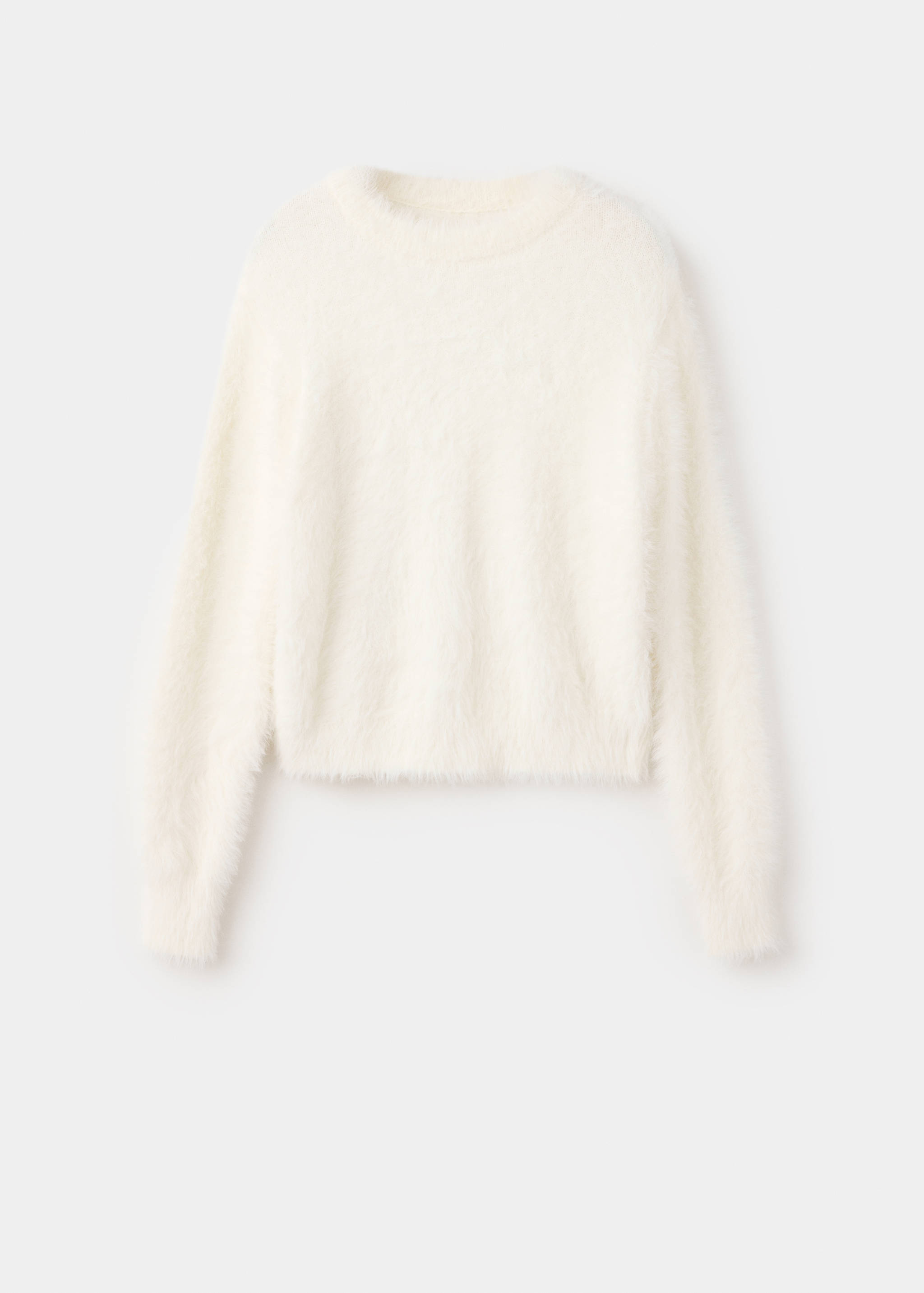 White fuzzy crew-neck sweater with long sleeves.