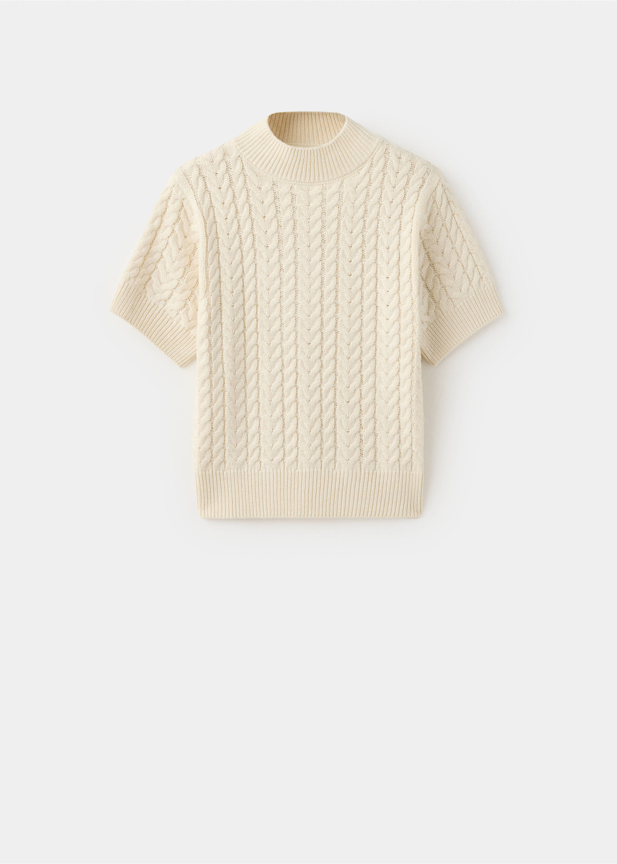 Off-white short-sleeved cable-knit jumper with a ribbed high neck., Ecru. Ref: 37007800-00.