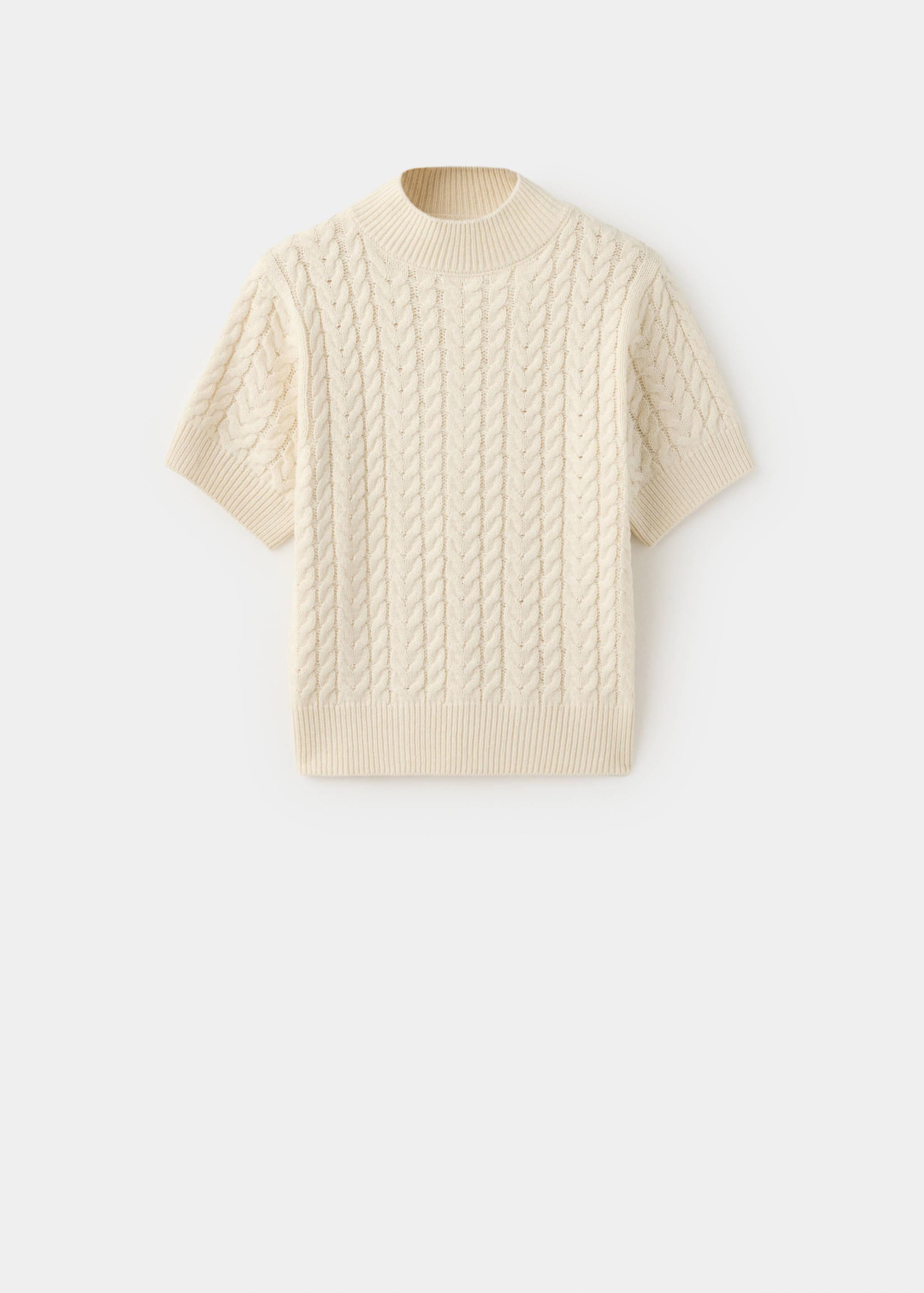Off-white short-sleeved cable-knit jumper with a ribbed high neck.