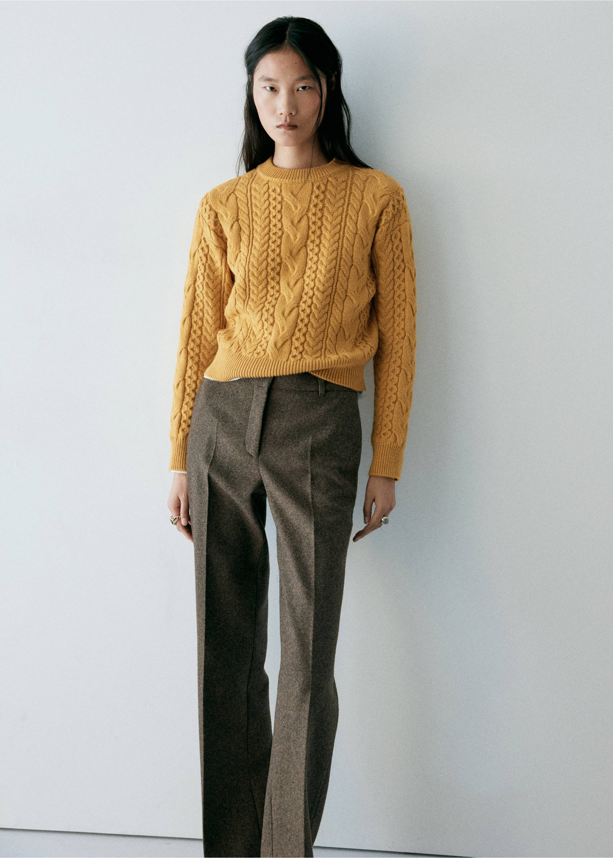 Mustard yellow cable-knit jumper with a round neckline and long sleeves., Mustard. Ref: 37007801-00.
