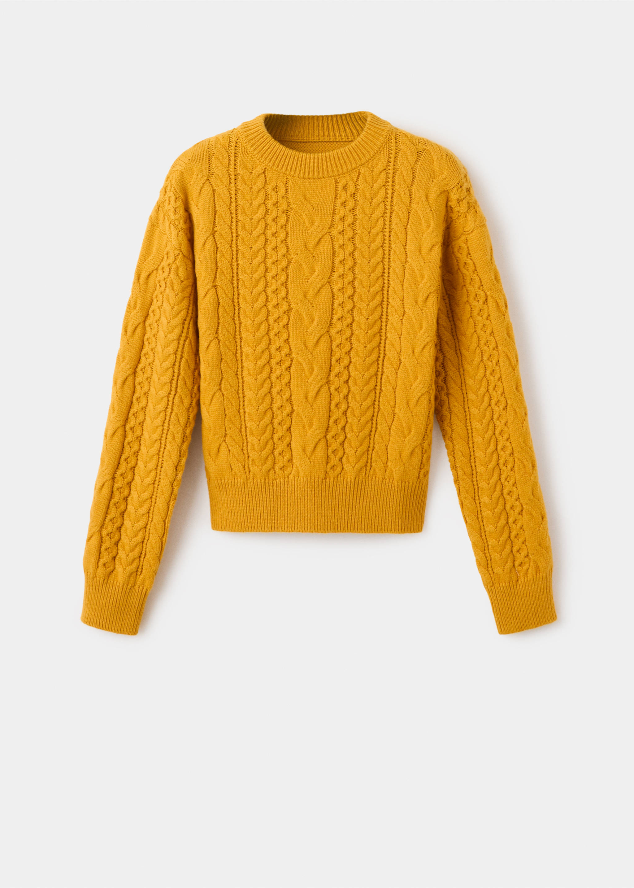 Mustard yellow cable-knit jersey sweater with a round neckline and ribbed trim., Mustard. Ref: 37007801-00.