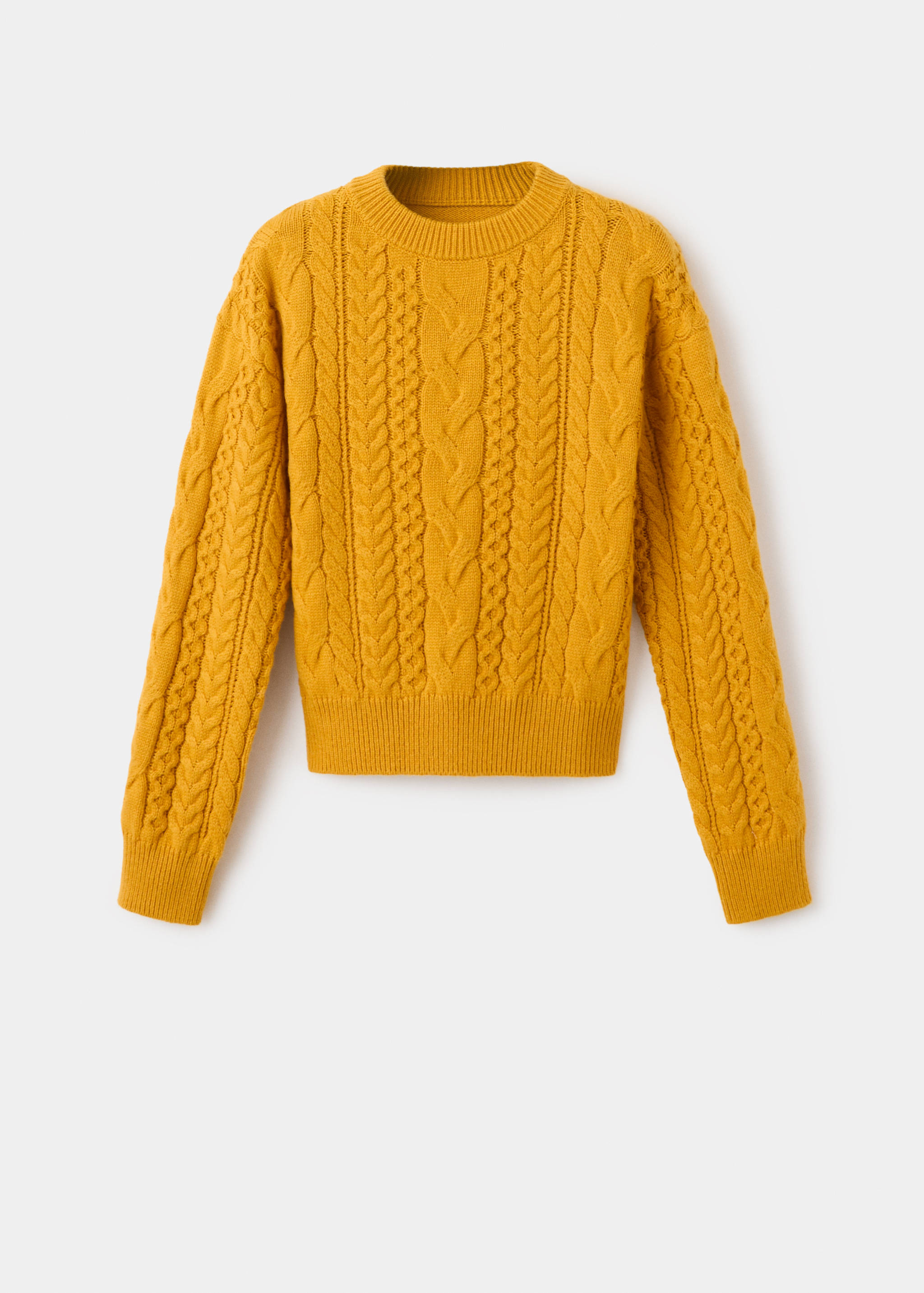Mustard yellow cable-knit jersey sweater with a round neckline and ribbed trim.