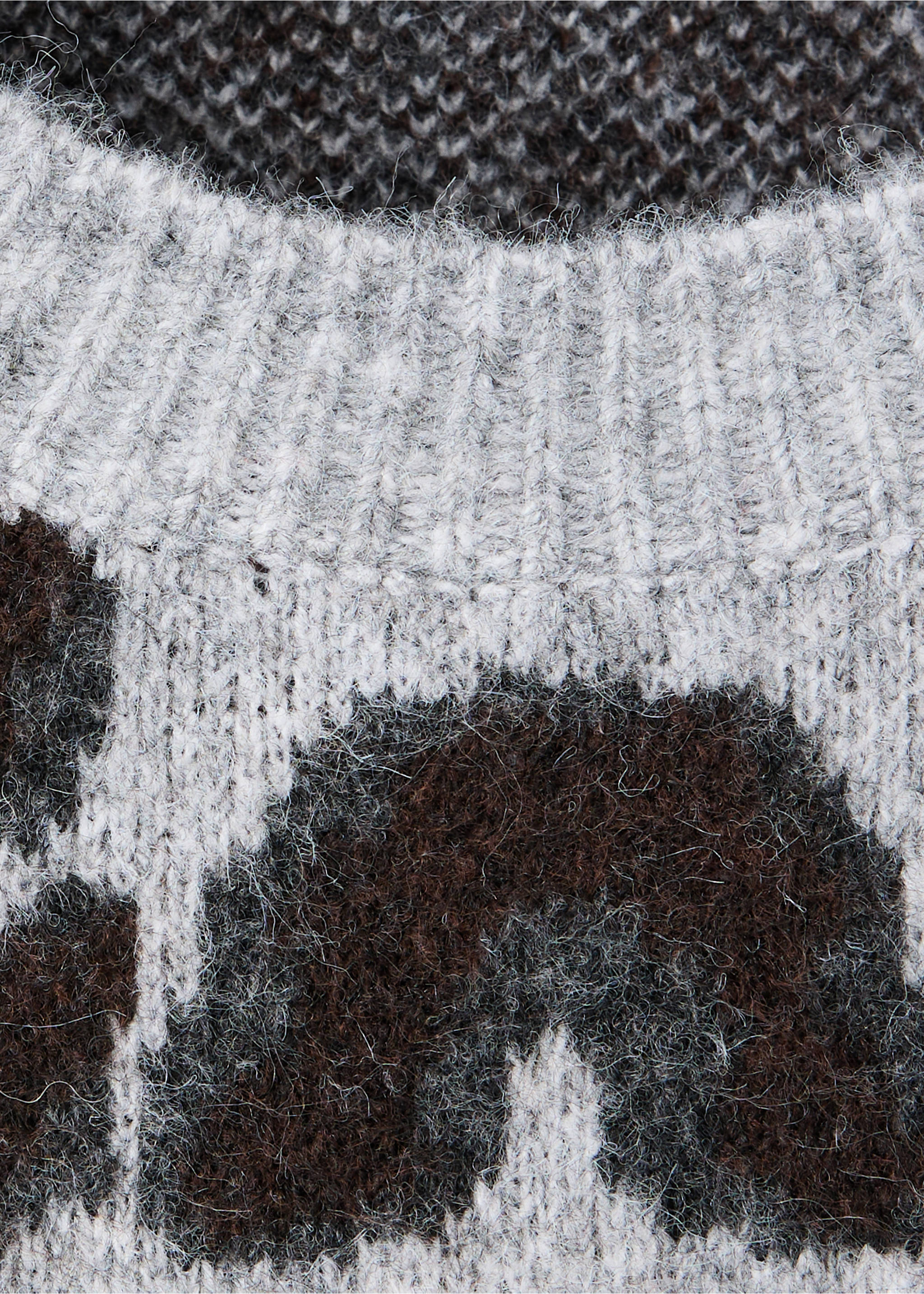 Close-up of a fuzzy knit sweater with a ribbed crew neckline and a brown and grey pattern., Medium Heather Grey. Ref: 37007803-00.
