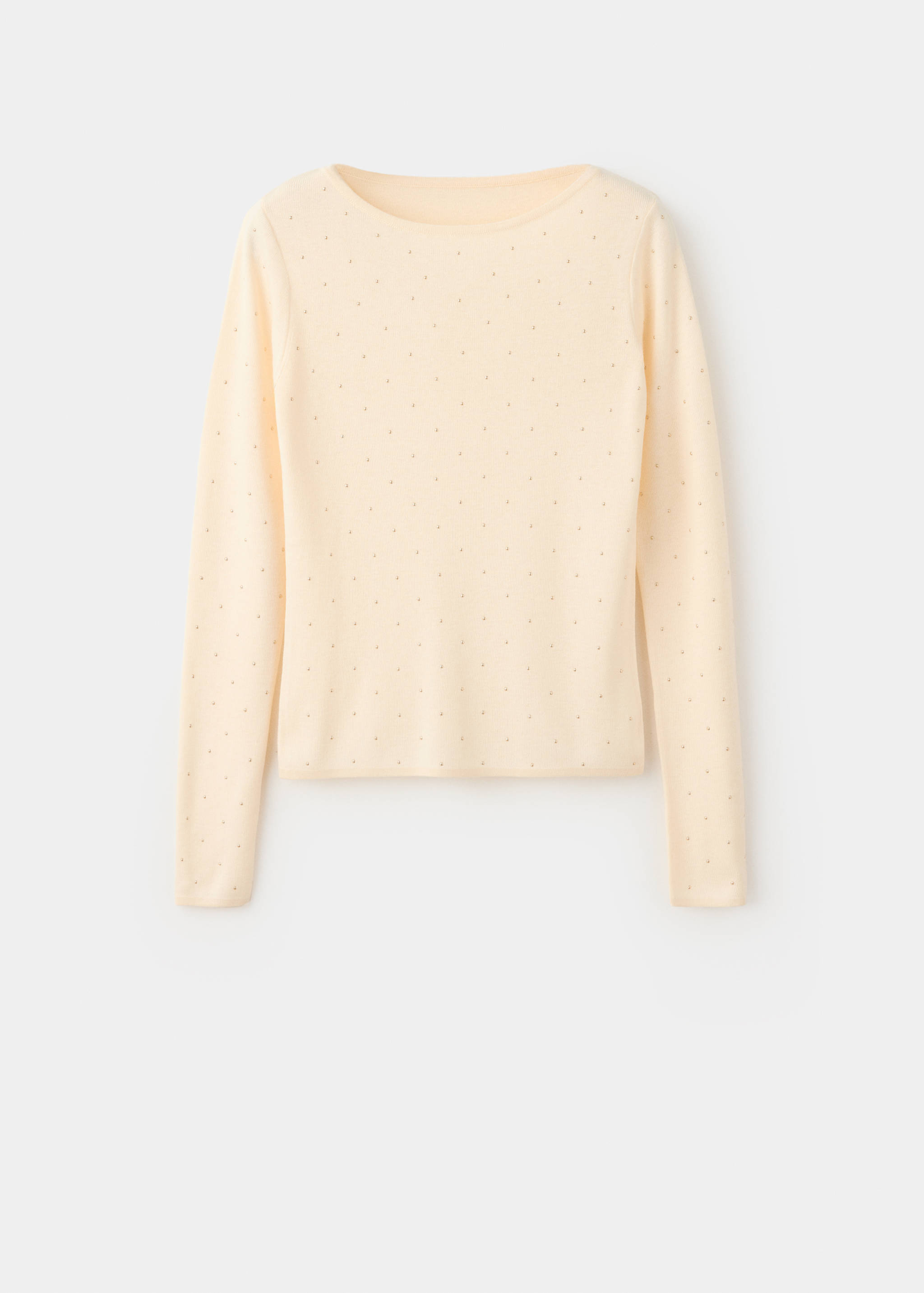Jersey de manga larga en amarillo pálido con cuello barco y pequeños detalles de topitos al tono.