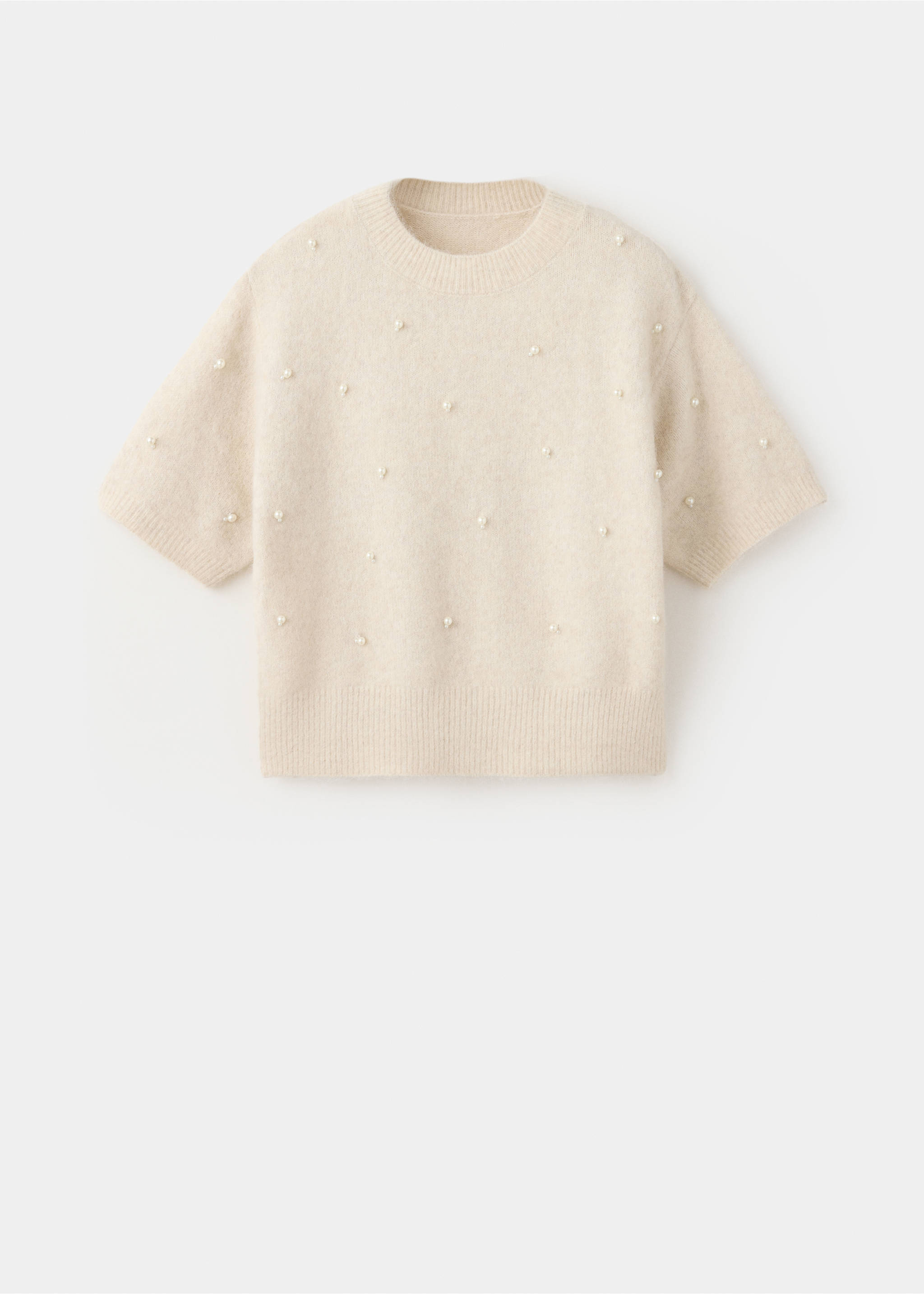 Cream knit jersey with short sleeves, crew neck, and scattered faux-pearl beads., Ecru. Ref: 37007805-00.
